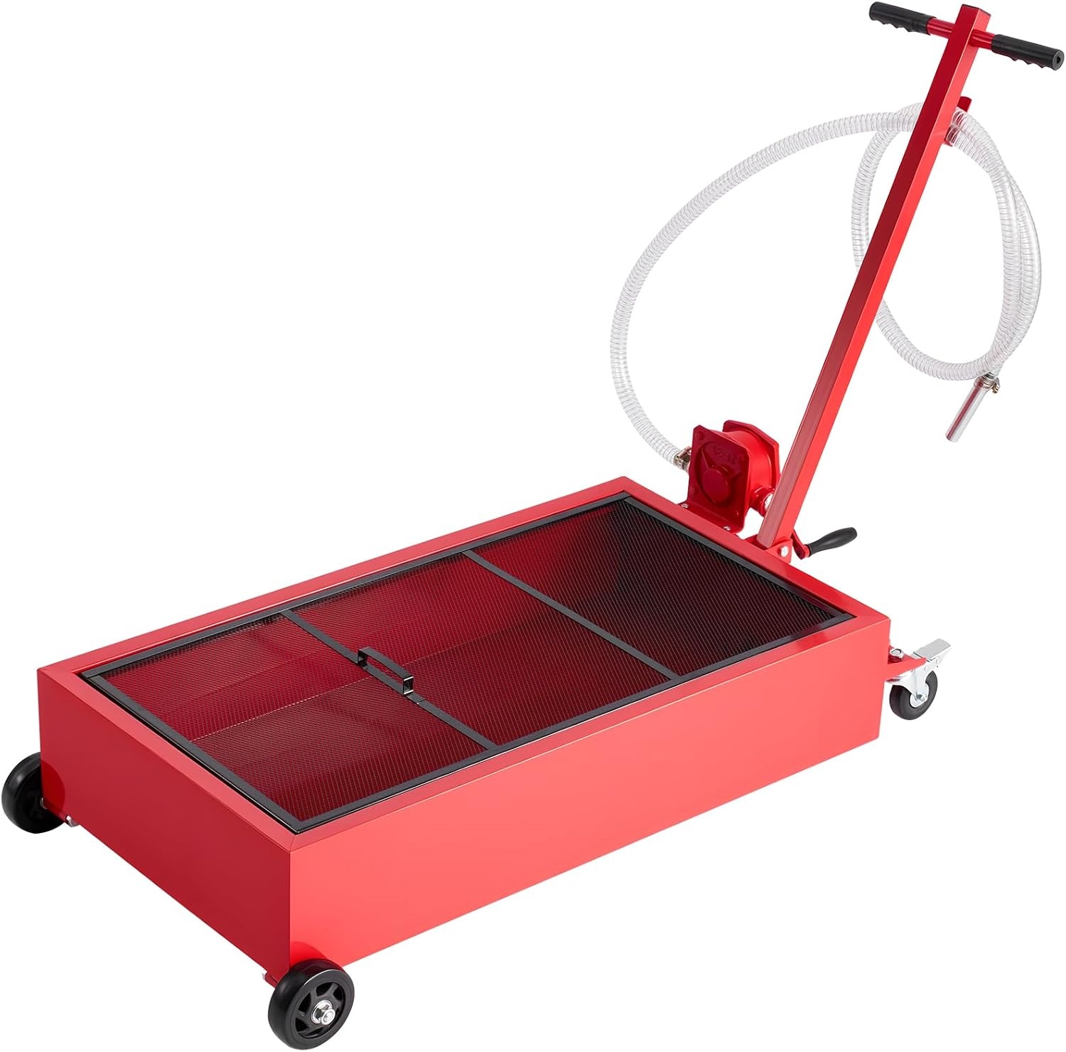 image:imageVEVOR Low Profile Oil Drain Pan 20 Gallon Capacity Rolling Oil Drain Pan with Manual Pump 72 ft Hose amp T Folding Handle LeakProof amp CorrosionResistant Fit for Cars SUVs Trucks ATVs Red4921 x 2362 x 2598 in