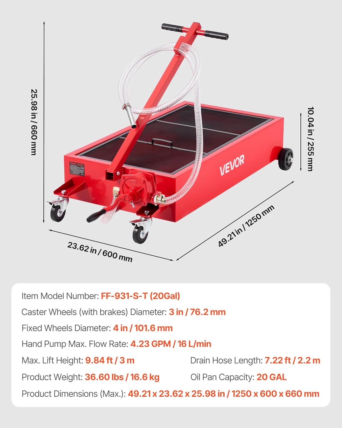 image:imageVEVOR Low Profile Oil Drain Pan 20 Gallon Capacity Rolling Oil Drain Pan with Manual Pump 72 ft Hose amp T Folding Handle LeakProof amp CorrosionResistant Fit for Cars SUVs Trucks ATVs Red4921 x 2362 x 2598 in