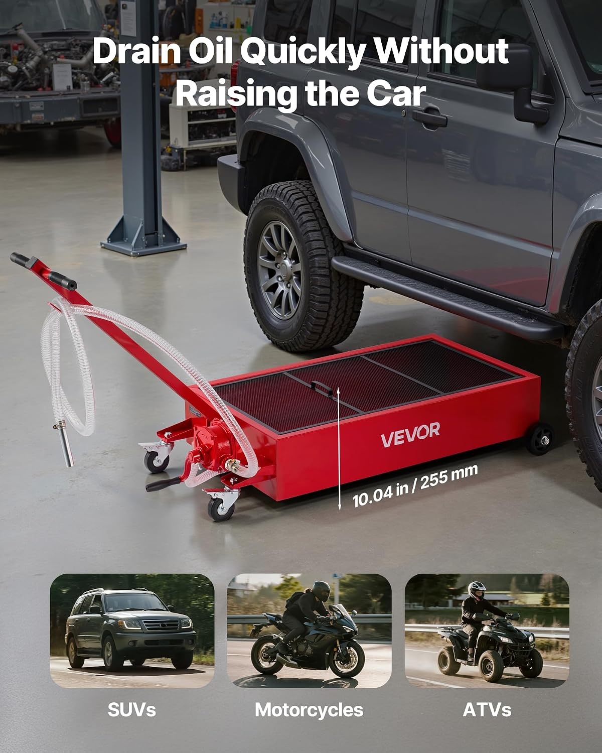 image:imageVEVOR Low Profile Oil Drain Pan 20 Gallon Capacity Rolling Oil Drain Pan with Manual Pump 72 ft Hose amp T Folding Handle LeakProof amp CorrosionResistant Fit for Cars SUVs Trucks ATVs Red4921 x 2362 x 2598 in