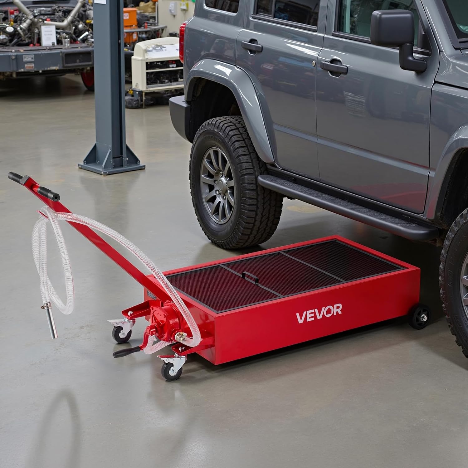 image:imageVEVOR Low Profile Oil Drain Pan 20 Gallon Capacity Rolling Oil Drain Pan with Manual Pump 72 ft Hose amp T Folding Handle LeakProof amp CorrosionResistant Fit for Cars SUVs Trucks ATVs Red4921 x 2362 x 2598 in