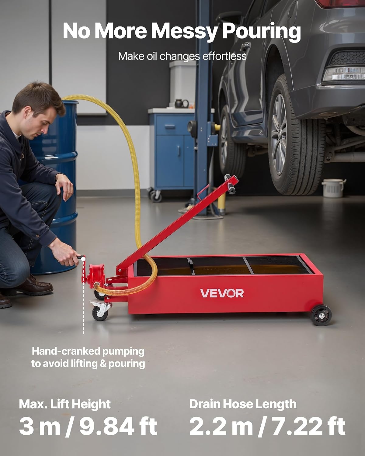 image:imageVEVOR Low Profile Oil Drain Pan 20 Gallon Capacity Rolling Oil Drain Pan with Manual Pump 72 ft Hose amp T Folding Handle LeakProof amp CorrosionResistant Fit for Cars SUVs Trucks ATVs Red4921 x 2362 x 2598 in