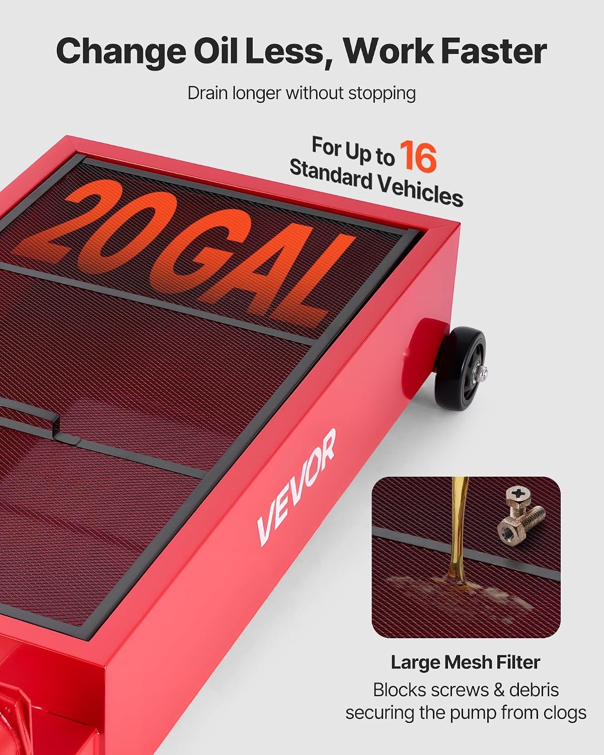 image:imageVEVOR Low Profile Oil Drain Pan 20 Gallon Capacity Rolling Oil Drain Pan with Manual Pump 72 ft Hose amp T Folding Handle LeakProof amp CorrosionResistant Fit for Cars SUVs Trucks ATVs Red4921 x 2362 x 2598 in