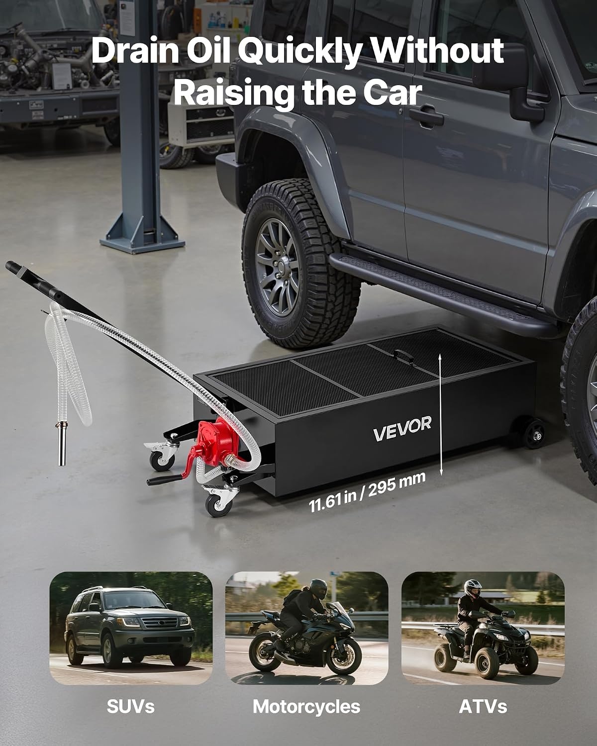 image:imageVEVOR Low Profile Oil Drain Pan 20 Gallon Capacity Rolling Oil Drain Pan with Manual Pump 72 ft Hose amp T Folding Handle LeakProof amp CorrosionResistant Fit for Cars SUVs Trucks ATVs Red25 Gallon