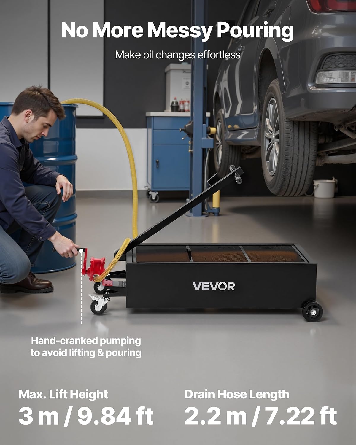 image:imageVEVOR Low Profile Oil Drain Pan 20 Gallon Capacity Rolling Oil Drain Pan with Manual Pump 72 ft Hose amp T Folding Handle LeakProof amp CorrosionResistant Fit for Cars SUVs Trucks ATVs Red25 Gallon