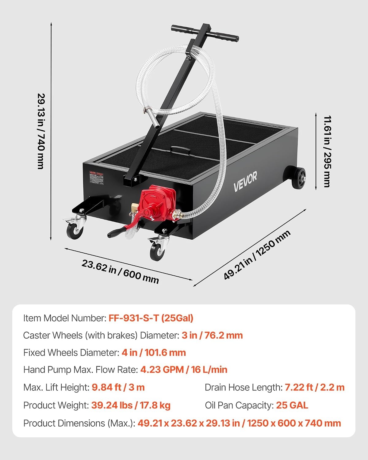 image:imageVEVOR Low Profile Oil Drain Pan 20 Gallon Capacity Rolling Oil Drain Pan with Manual Pump 72 ft Hose amp T Folding Handle LeakProof amp CorrosionResistant Fit for Cars SUVs Trucks ATVs Red25 Gallon