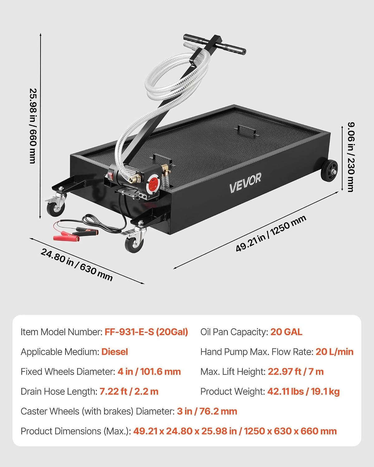 image:imageVEVOR Low Profile Oil Drain Pan 25 Gal Oil Drain Pan with 110V HighFlow Electric Pump Large Capacity Oil Change Pan with 72ft Hose amp Folding Handle Rolling Oil Drain Cart for Trucks Buses RVsGeometric