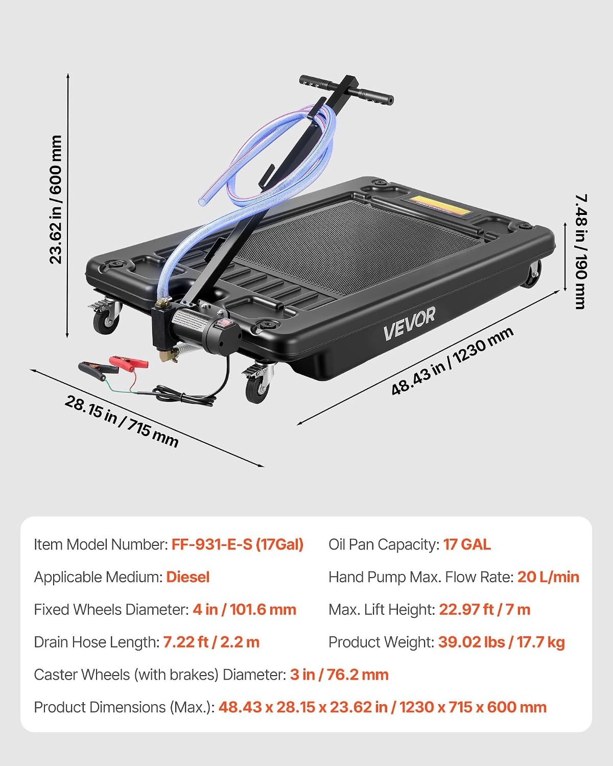 image:imageVEVOR Low Profile Oil Drain Pan 25 Gal Oil Drain Pan with 110V HighFlow Electric Pump Large Capacity Oil Change Pan with 72ft Hose amp Folding Handle Rolling Oil Drain Cart for Trucks Buses RVsArgyle