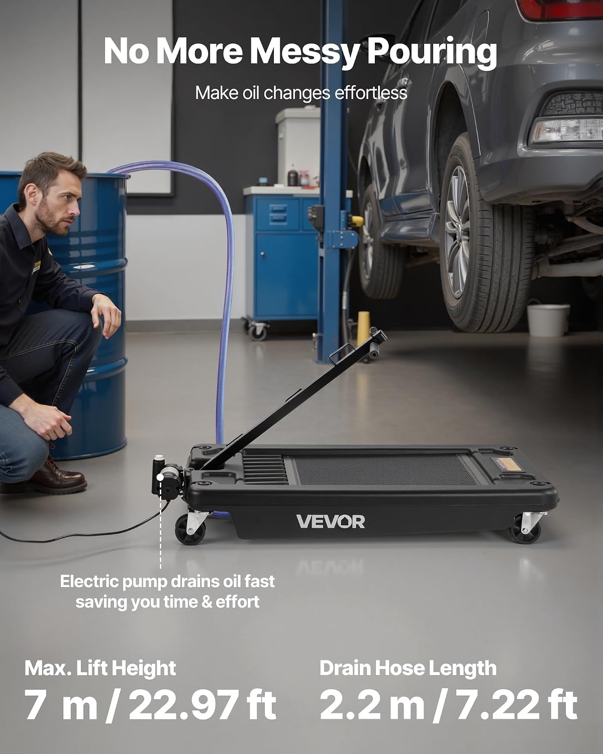 image:imageVEVOR Low Profile Oil Drain Pan 25 Gal Oil Drain Pan with 110V HighFlow Electric Pump Large Capacity Oil Change Pan with 72ft Hose amp Folding Handle Rolling Oil Drain Cart for Trucks Buses RVsCheckered