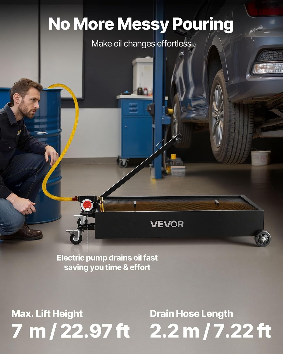 image:imageVEVOR Low Profile Oil Drain Pan 25 Gal Oil Drain Pan with 110V HighFlow Electric Pump Large Capacity Oil Change Pan with 72ft Hose amp Folding Handle Rolling Oil Drain Cart for Trucks Buses RVsGeometric