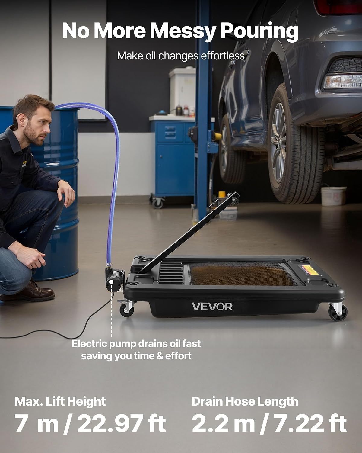 image:imageVEVOR Low Profile Oil Drain Pan 25 Gal Oil Drain Pan with 110V HighFlow Electric Pump Large Capacity Oil Change Pan with 72ft Hose amp Folding Handle Rolling Oil Drain Cart for Trucks Buses RVsArgyle