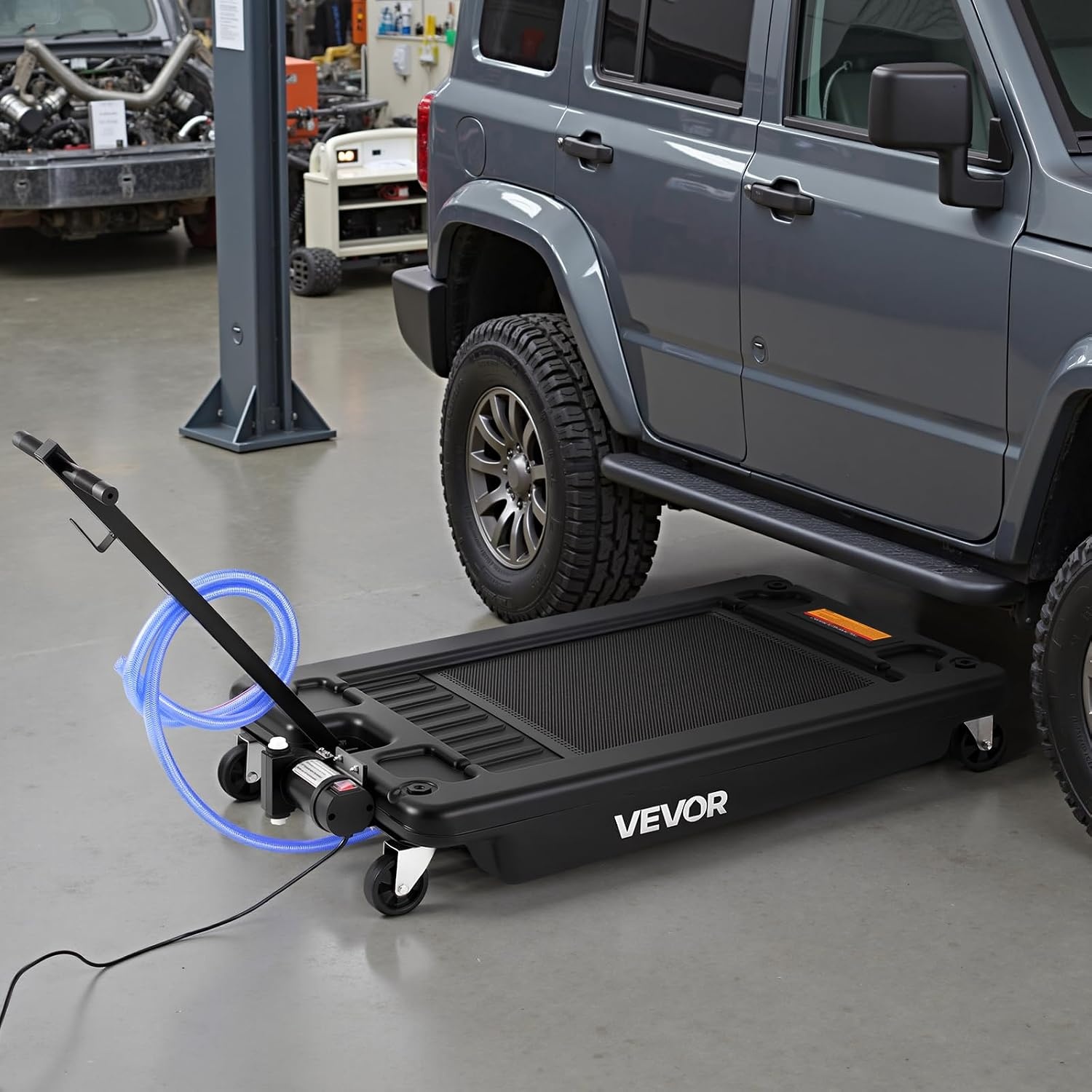 image:imageVEVOR Low Profile Oil Drain Pan 25 Gal Oil Drain Pan with 110V HighFlow Electric Pump Large Capacity Oil Change Pan with 72ft Hose amp Folding Handle Rolling Oil Drain Cart for Trucks Buses RVsCheckered
