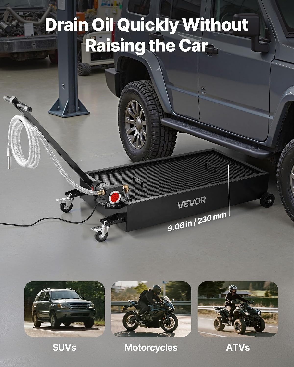 image:imageVEVOR Low Profile Oil Drain Pan 25 Gal Oil Drain Pan with 110V HighFlow Electric Pump Large Capacity Oil Change Pan with 72ft Hose amp Folding Handle Rolling Oil Drain Cart for Trucks Buses RVsGeometric