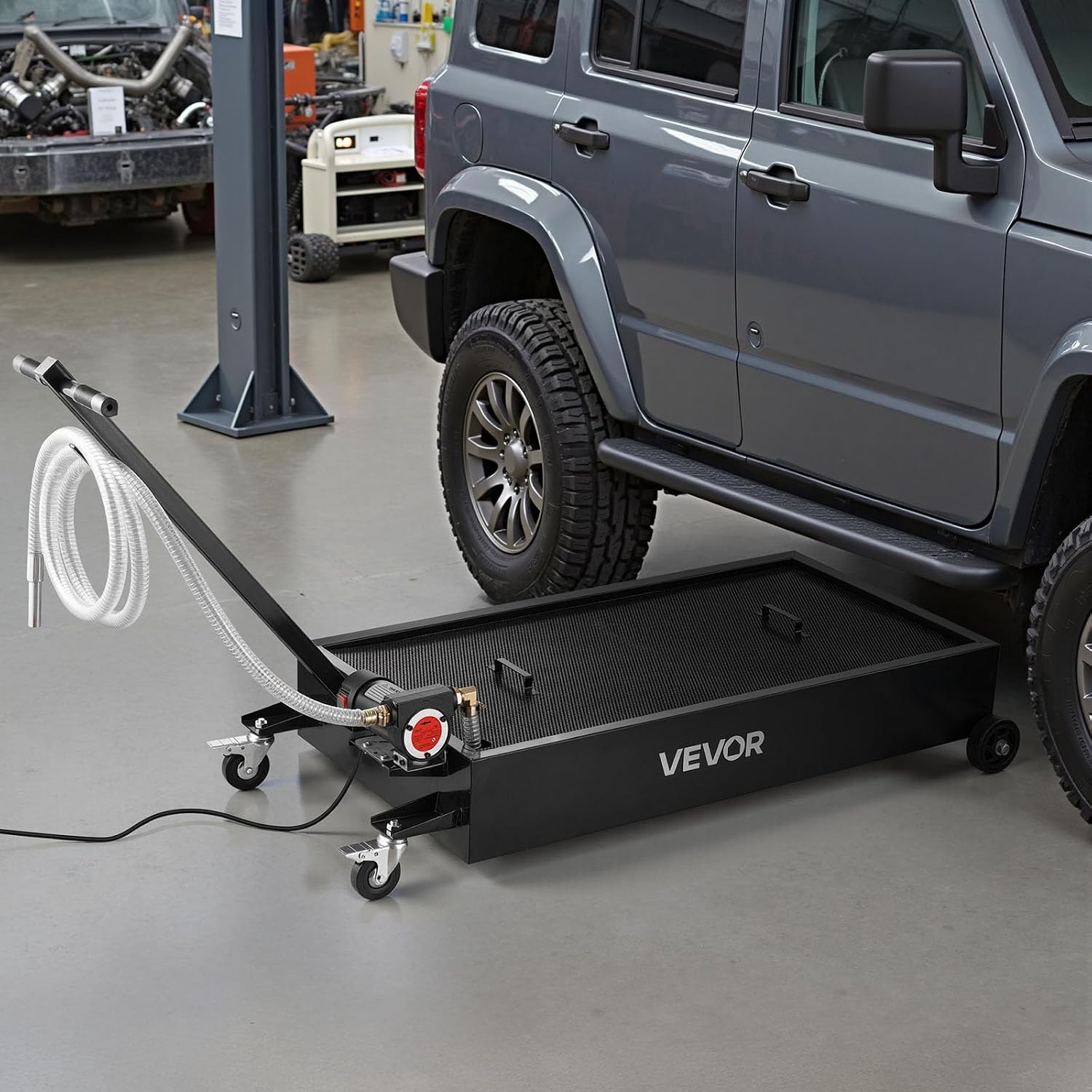 image:imageVEVOR Low Profile Oil Drain Pan 25 Gal Oil Drain Pan with 110V HighFlow Electric Pump Large Capacity Oil Change Pan with 72ft Hose amp Folding Handle Rolling Oil Drain Cart for Trucks Buses RVsGeometric