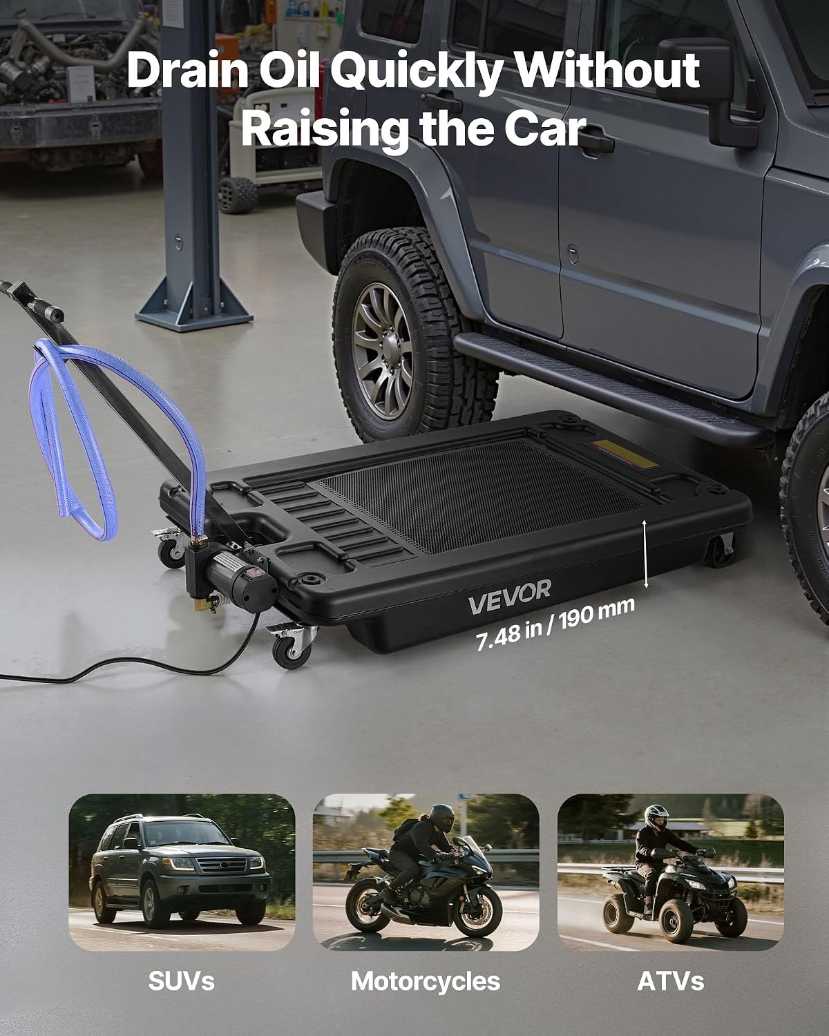 image:imageVEVOR Low Profile Oil Drain Pan 25 Gal Oil Drain Pan with 110V HighFlow Electric Pump Large Capacity Oil Change Pan with 72ft Hose amp Folding Handle Rolling Oil Drain Cart for Trucks Buses RVsArgyle
