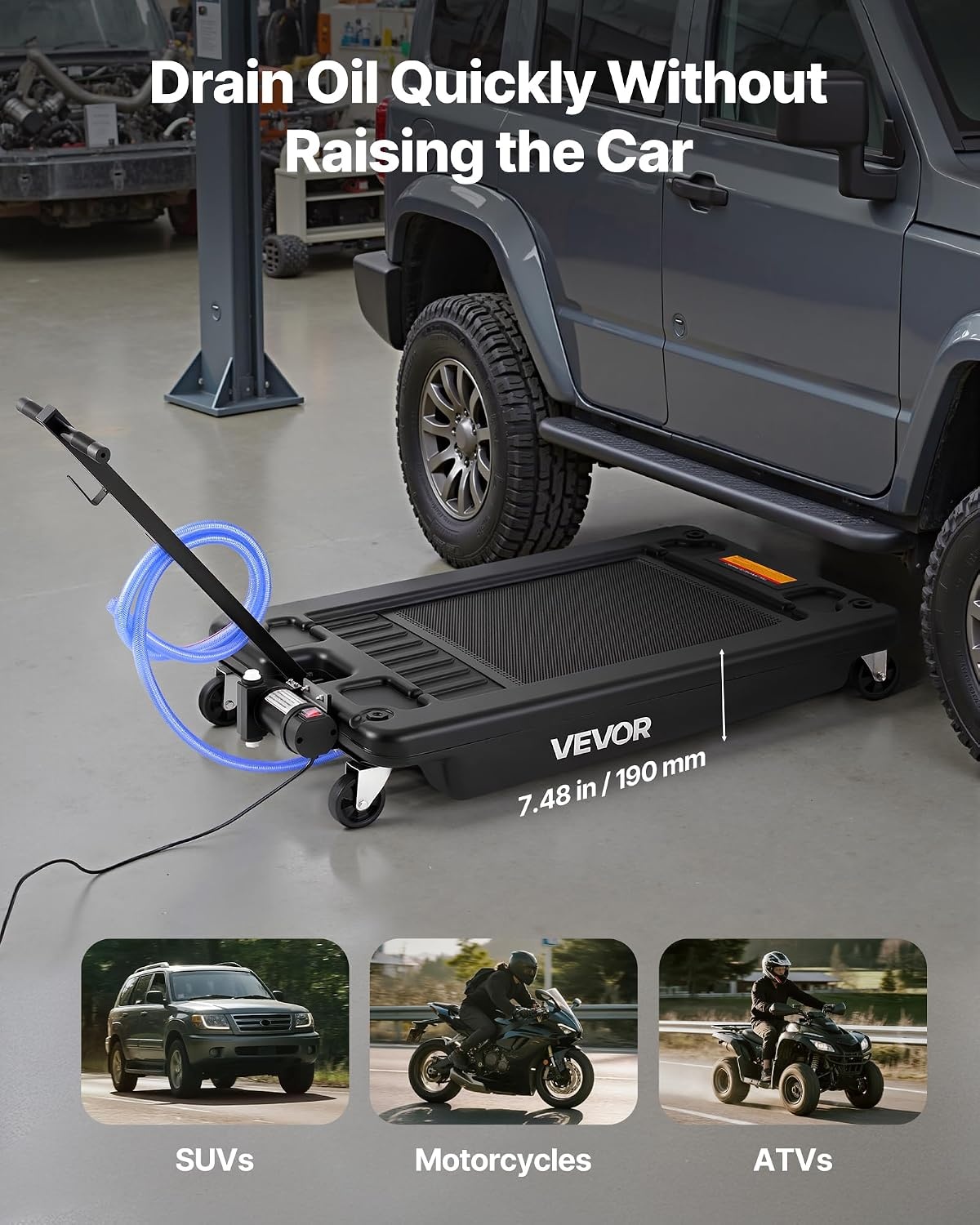 image:imageVEVOR Low Profile Oil Drain Pan 25 Gal Oil Drain Pan with 110V HighFlow Electric Pump Large Capacity Oil Change Pan with 72ft Hose amp Folding Handle Rolling Oil Drain Cart for Trucks Buses RVsCheckered