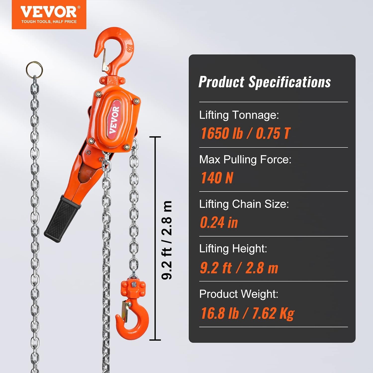 image:imageVEVOR Manual Lever Chain Hoist 112 Ton 3300 lbs Capacity 10 FT Come Along G80 Galvanized Carbon Steel with Weston DoublePawl BrakeAuto Chain Leading amp 360 Rotation Hook for Garage Factory DockOrange