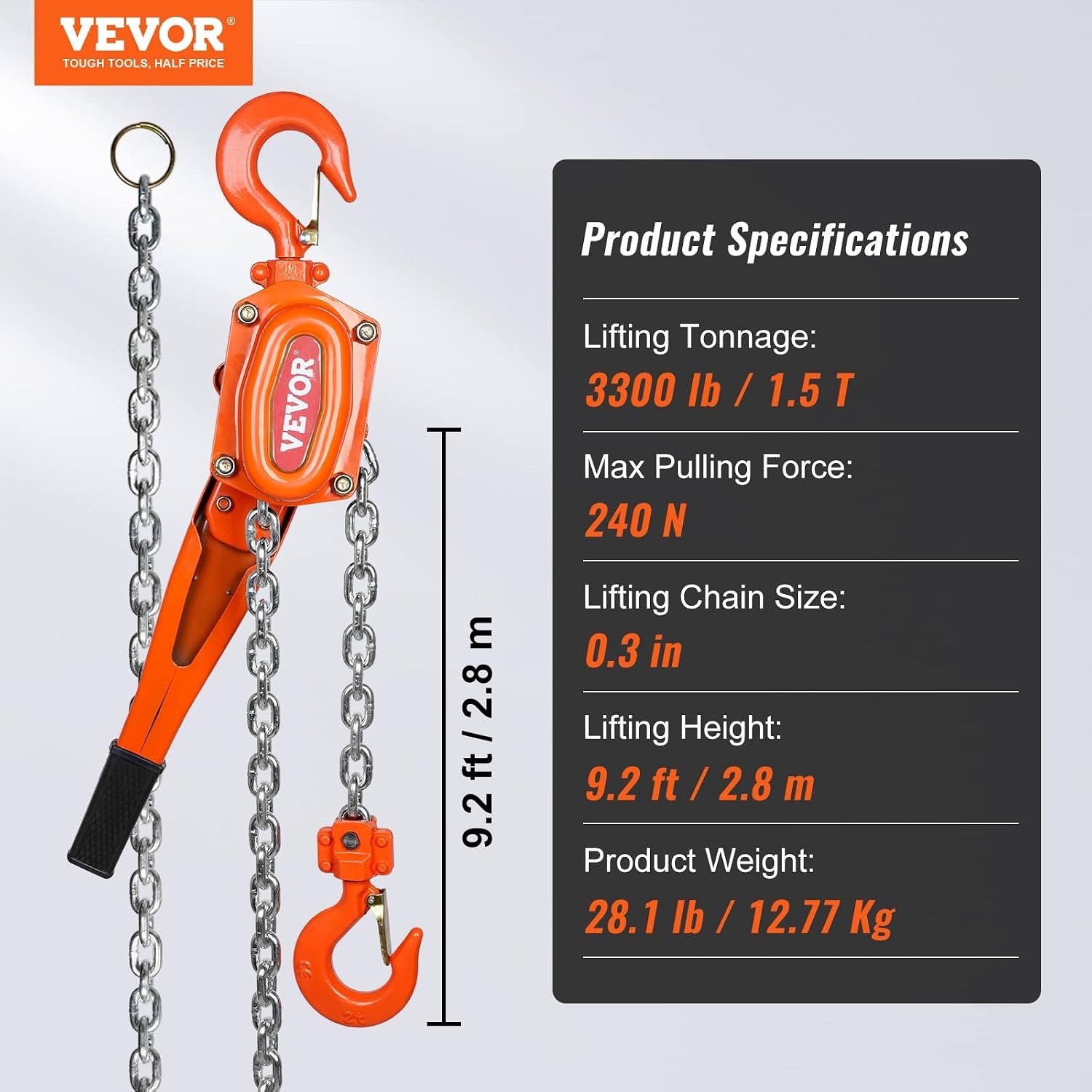 image:imageVEVOR Manual Lever Chain Hoist 112 Ton 3300 lbs Capacity 10 FT Come Along G80 Galvanized Carbon Steel with Weston DoublePawl BrakeAuto Chain Leading amp 360 Rotation Hook for Garage Factory DockOrange