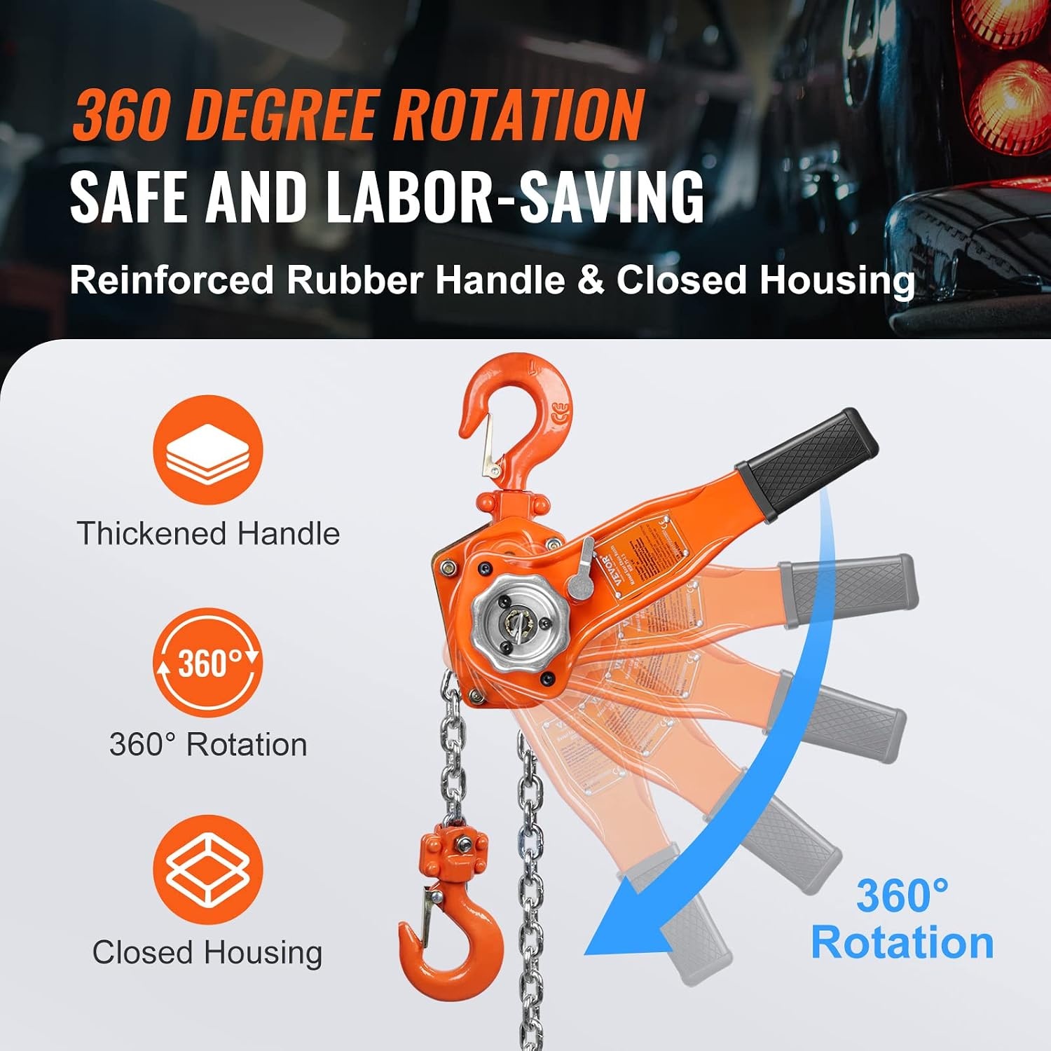 image:imageVEVOR Manual Lever Chain Hoist 112 Ton 3300 lbs Capacity 10 FT Come Along G80 Galvanized Carbon Steel with Weston DoublePawl BrakeAuto Chain Leading amp 360 Rotation Hook for Garage Factory DockOrange