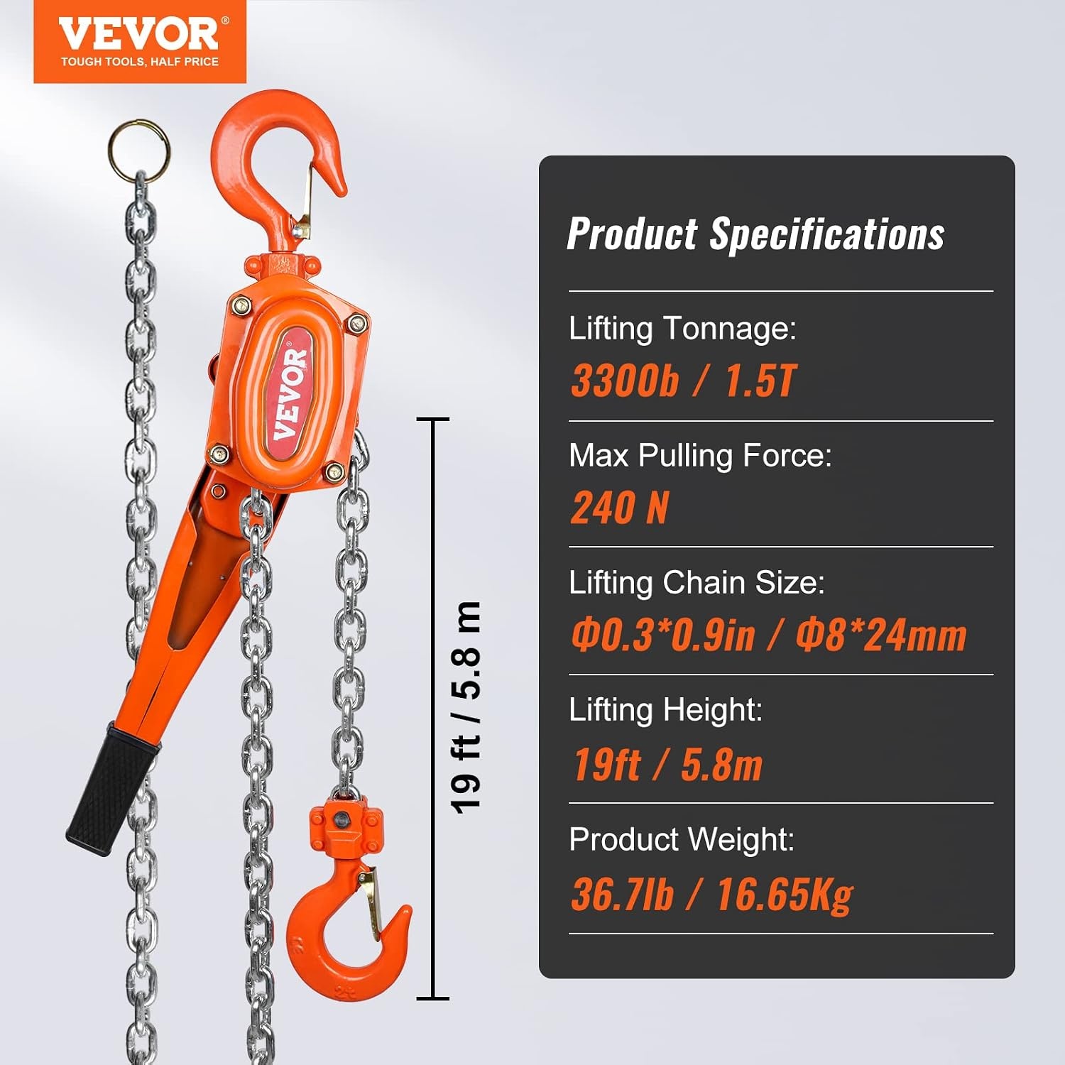 image:imageVEVOR Manual Lever Chain Hoist 112 Ton 3300 lbs Capacity 10 FT Come Along G80 Galvanized Carbon Steel with Weston DoublePawl BrakeAuto Chain Leading amp 360 Rotation Hook for Garage Factory DockOrange