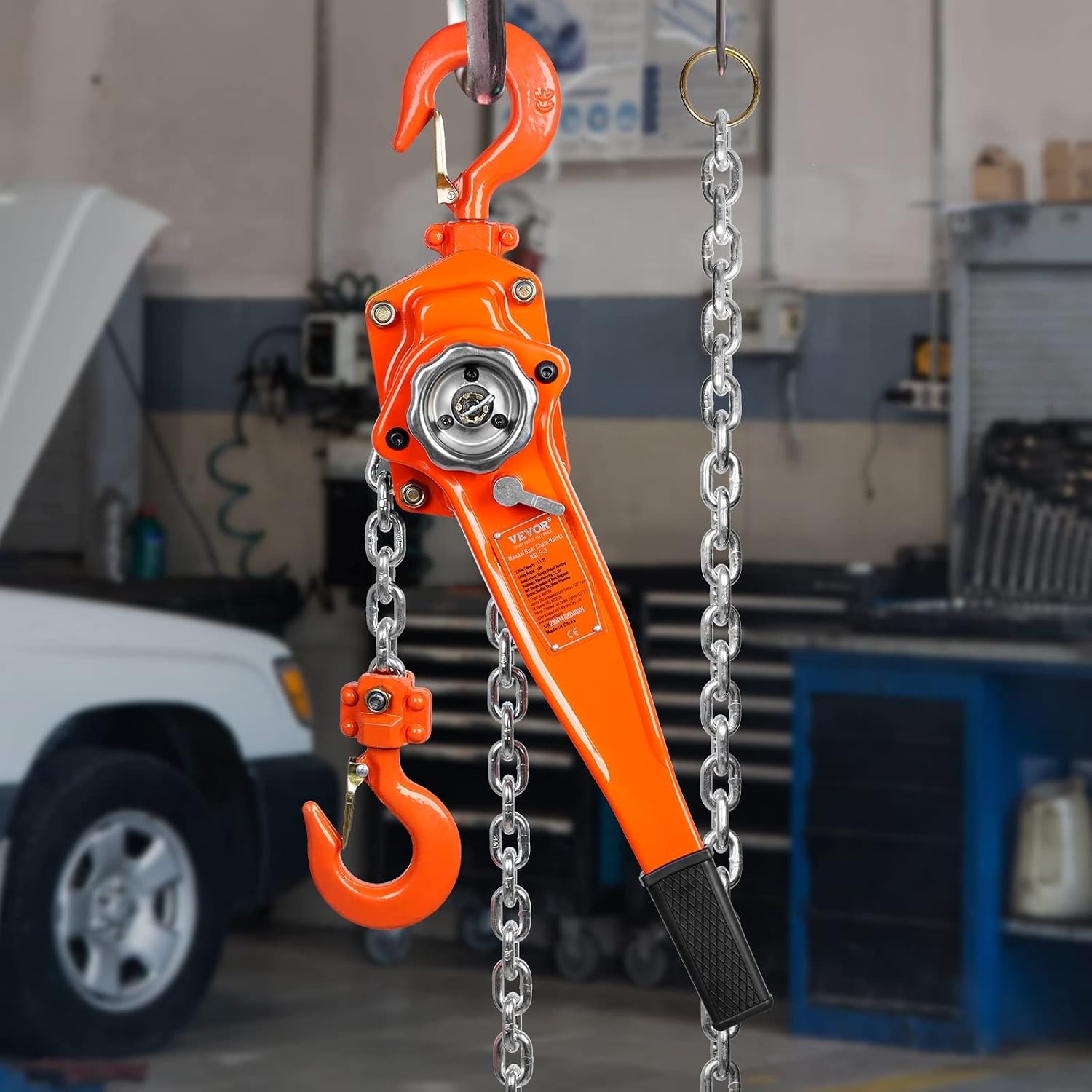 image:imageVEVOR Manual Lever Chain Hoist 112 Ton 3300 lbs Capacity 10 FT Come Along G80 Galvanized Carbon Steel with Weston DoublePawl BrakeAuto Chain Leading amp 360 Rotation Hook for Garage Factory DockOrange