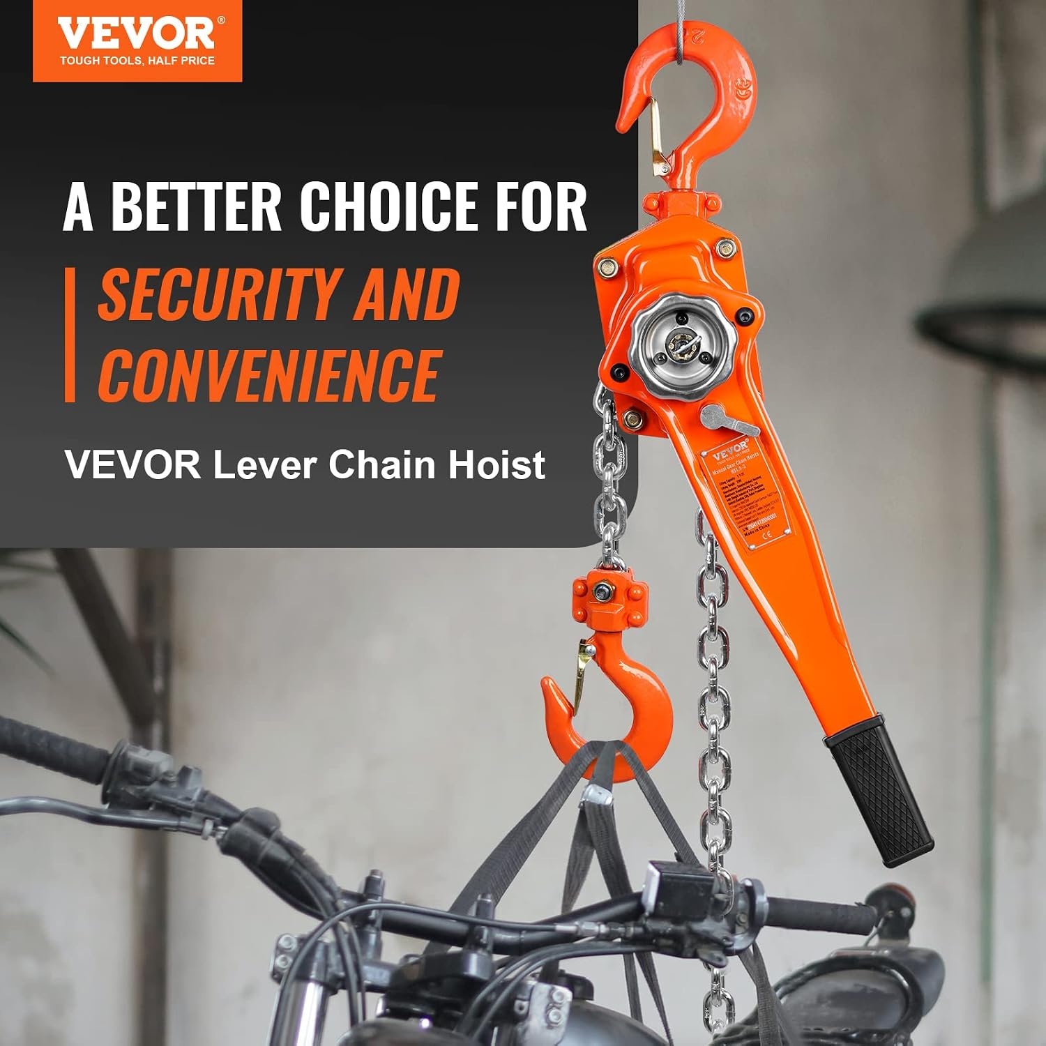 image:imageVEVOR Manual Lever Chain Hoist 112 Ton 3300 lbs Capacity 10 FT Come Along G80 Galvanized Carbon Steel with Weston DoublePawl BrakeAuto Chain Leading amp 360 Rotation Hook for Garage Factory DockOrange
