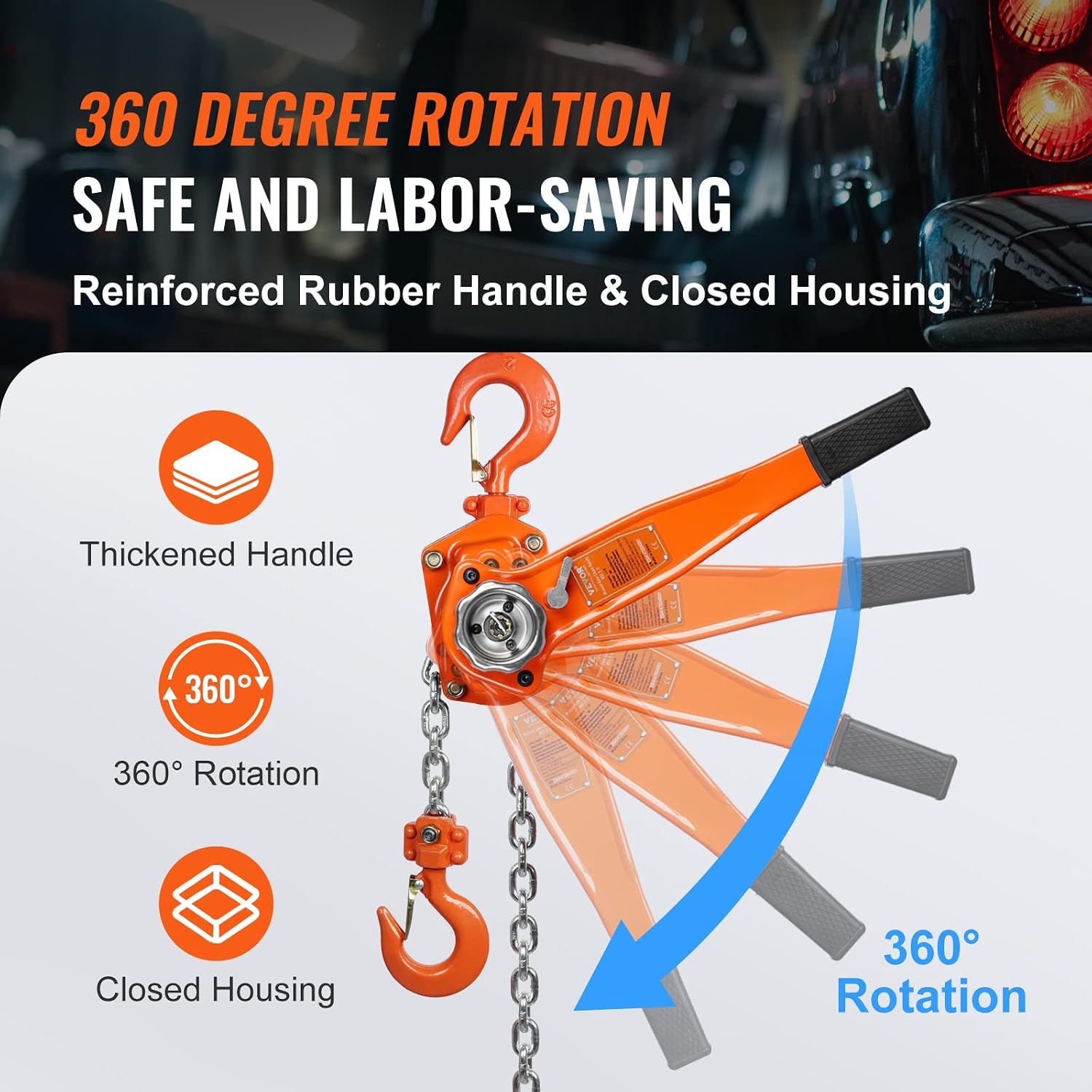 image:imageVEVOR Manual Lever Chain Hoist 112 Ton 3300 lbs Capacity 10 FT Come Along G80 Galvanized Carbon Steel with Weston DoublePawl BrakeAuto Chain Leading amp 360 Rotation Hook for Garage Factory DockOrange