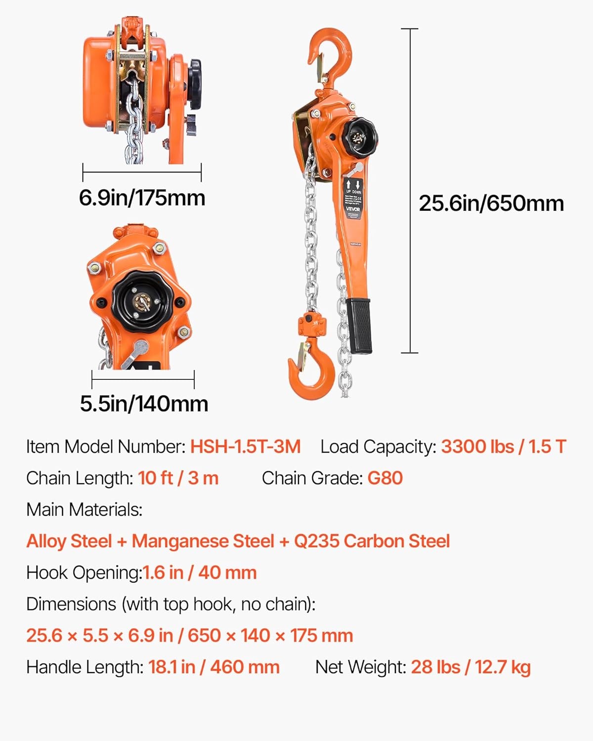 image:imageVEVOR Manual Lever Chain Hoist 112T 3300LBS Capacity Heavy Duty Come Along 10FT Lift G80 Alloy Steel Chain with Dual Pawl Mechanical Brake360Rotating Hooks for Warehouse Construction Garage