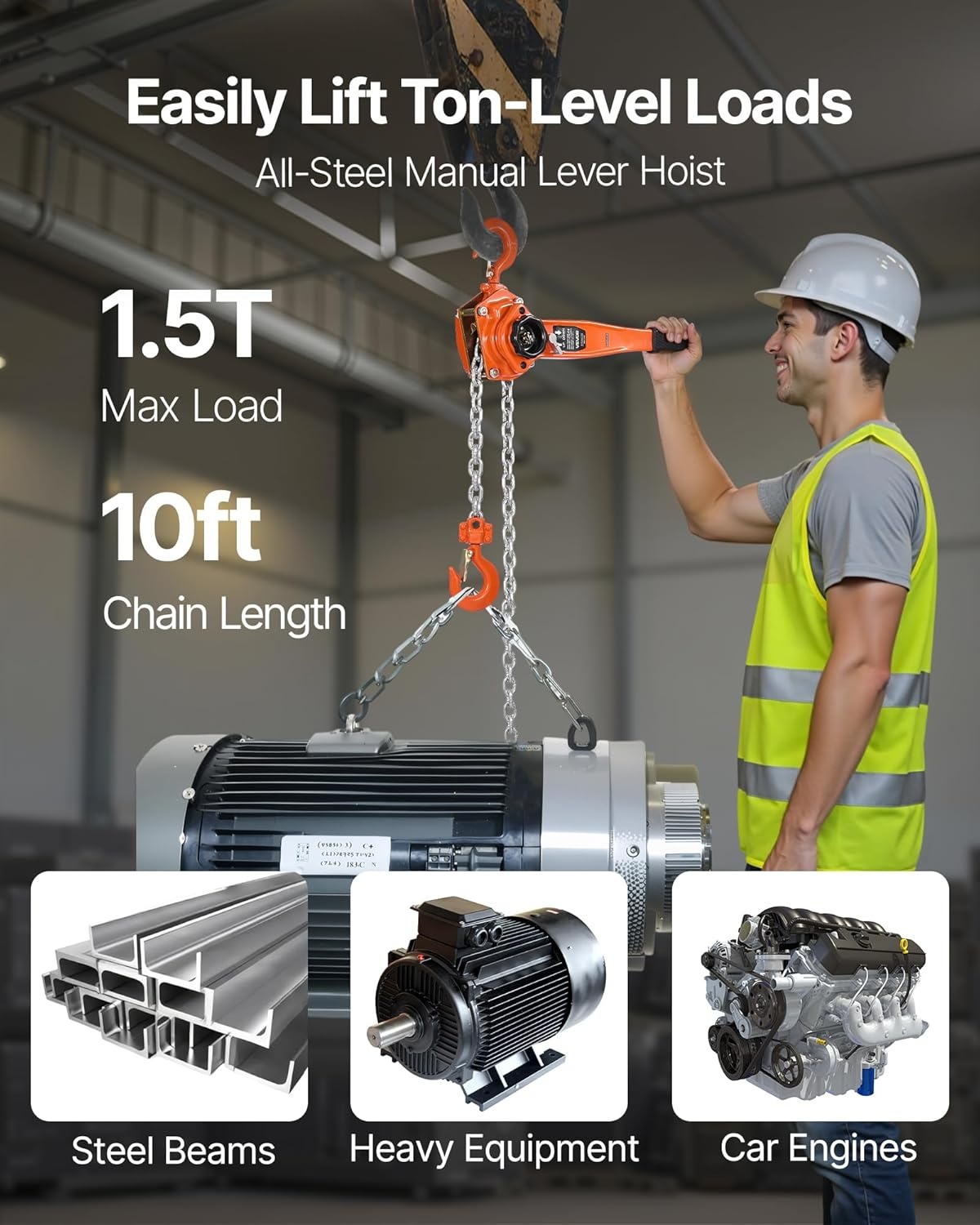 image:imageVEVOR Manual Lever Chain Hoist 112T 3300LBS Capacity Heavy Duty Come Along 10FT Lift G80 Alloy Steel Chain with Dual Pawl Mechanical Brake360Rotating Hooks for Warehouse Construction Garage