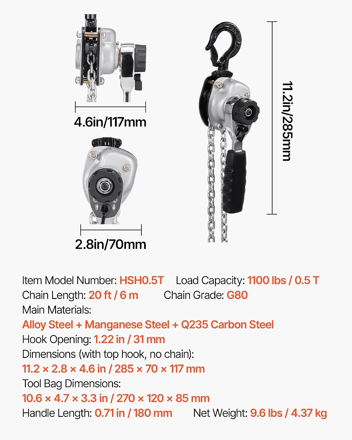 image:imageVEVOR Manual Lever Chain Hoist 12T 1100LBS Capacity Heavy Duty Come Along 10FT Lift G80 Alloy Steel Chain with Dual Pawl Mechanical Brake360Rotating Hooks for Warehouse Construction Garage1100LBS 20FT