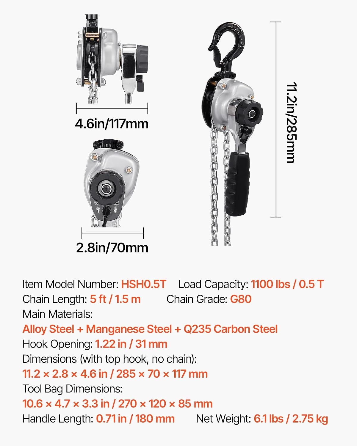 image:imageVEVOR Manual Lever Chain Hoist 12T 1100LBS Capacity Heavy Duty Come Along 10FT Lift G80 Alloy Steel Chain with Dual Pawl Mechanical Brake360Rotating Hooks for Warehouse Construction Garage1100LBS 10FT
