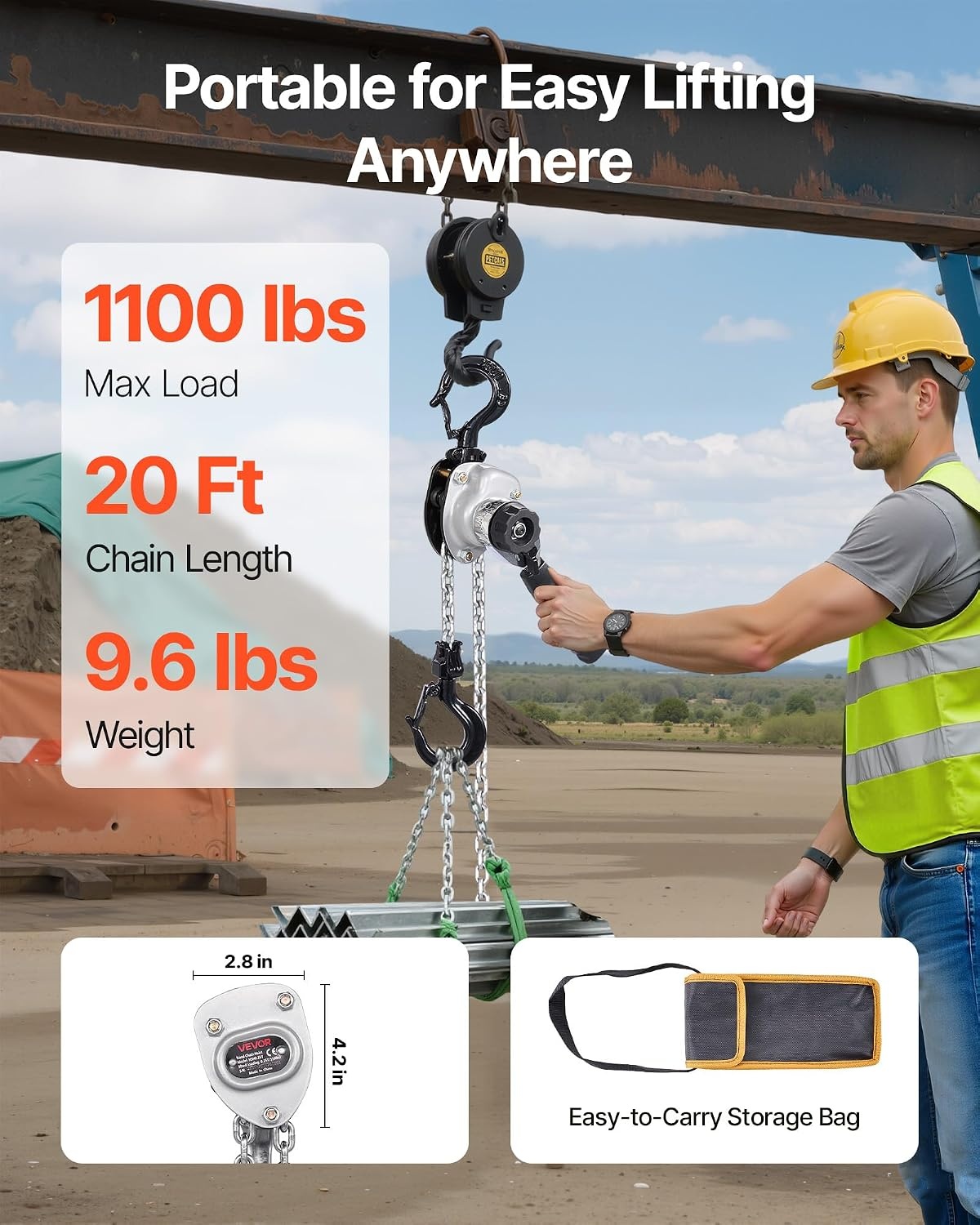 image:imageVEVOR Manual Lever Chain Hoist 12T 1100LBS Capacity Heavy Duty Come Along 10FT Lift G80 Alloy Steel Chain with Dual Pawl Mechanical Brake360Rotating Hooks for Warehouse Construction Garage1100LBS 20FT