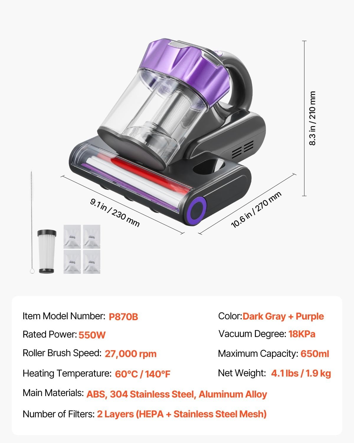 image:imageVEVOR Mattress Vacuum Cleaner 550W Bed Vacuum Cleaner with 18Kpa Powerful Suction and Dual Dust Bin HEPA Filter amp Heating Ultrasound Tech amp Cleaning Lights Handheld for Bed Sofa Corded WhiteDark Gray Purple