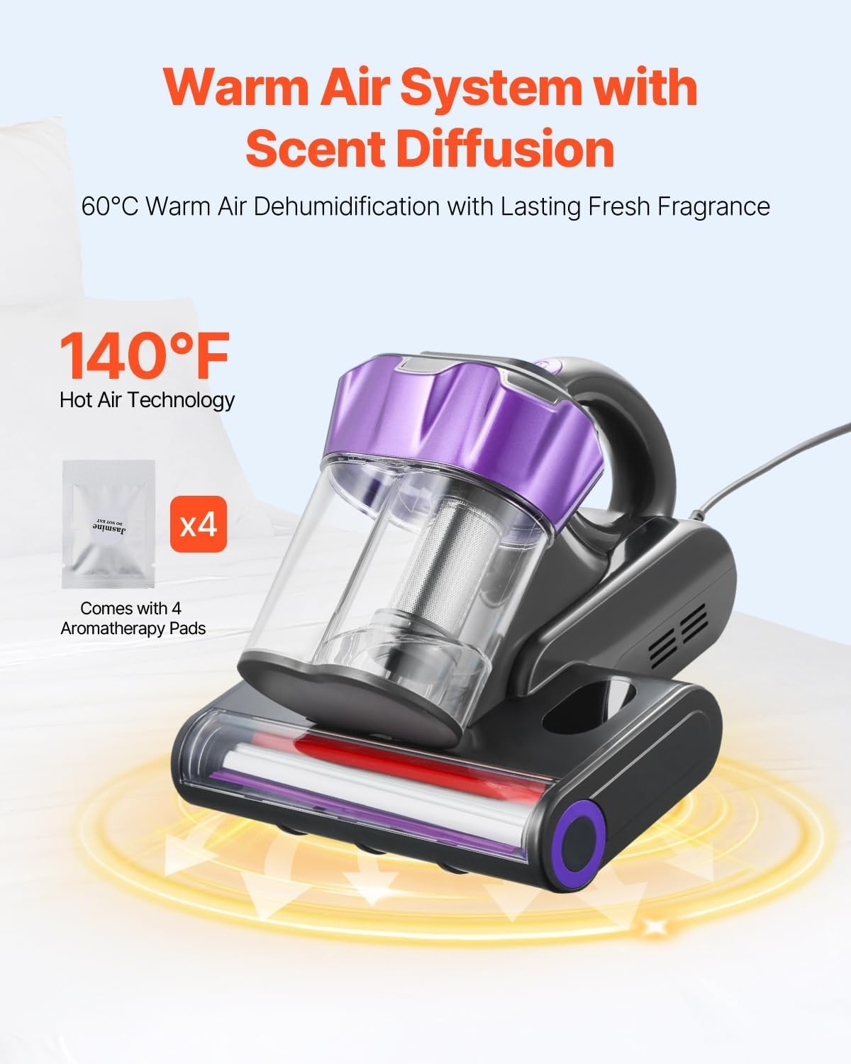 image:imageVEVOR Mattress Vacuum Cleaner 550W Bed Vacuum Cleaner with 18Kpa Powerful Suction and Dual Dust Bin HEPA Filter amp Heating Ultrasound Tech amp Cleaning Lights Handheld for Bed Sofa Corded WhiteDark Gray Purple