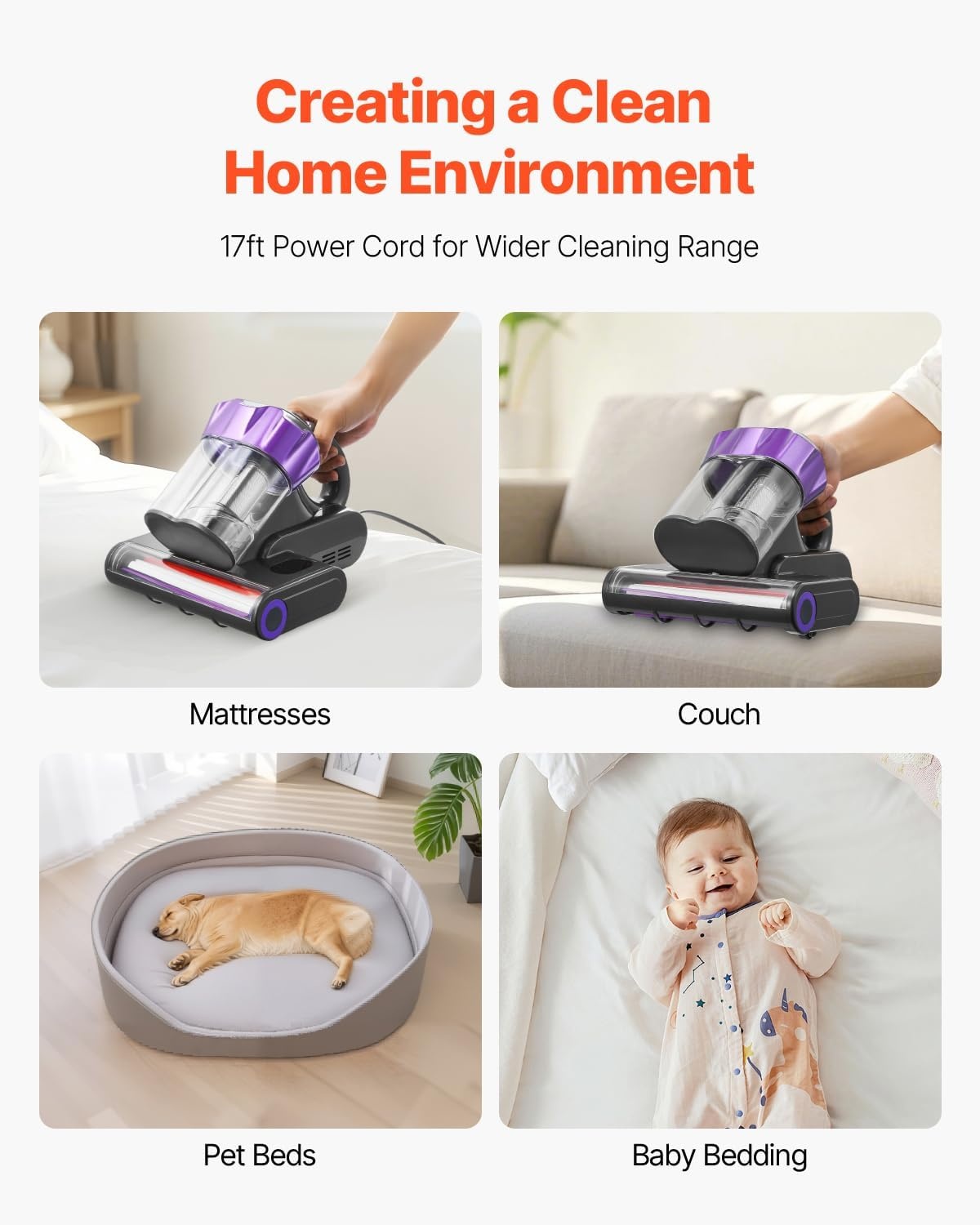 image:imageVEVOR Mattress Vacuum Cleaner 550W Bed Vacuum Cleaner with 18Kpa Powerful Suction and Dual Dust Bin HEPA Filter amp Heating Ultrasound Tech amp Cleaning Lights Handheld for Bed Sofa Corded WhiteDark Gray Purple