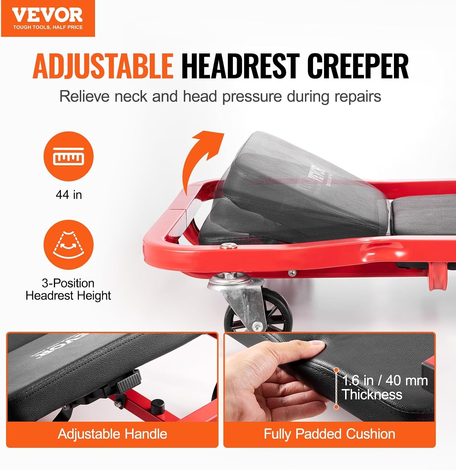 image:imageVEVOR Mechanic Garage Creeper 40Inch 300 lbs Capacity Automotive Rolling Creeper with 6 Casters Adjustable Cushioned Headrest Heavy Duty Steel Frame Low Profile for Garages Repair Shops and DIYRed