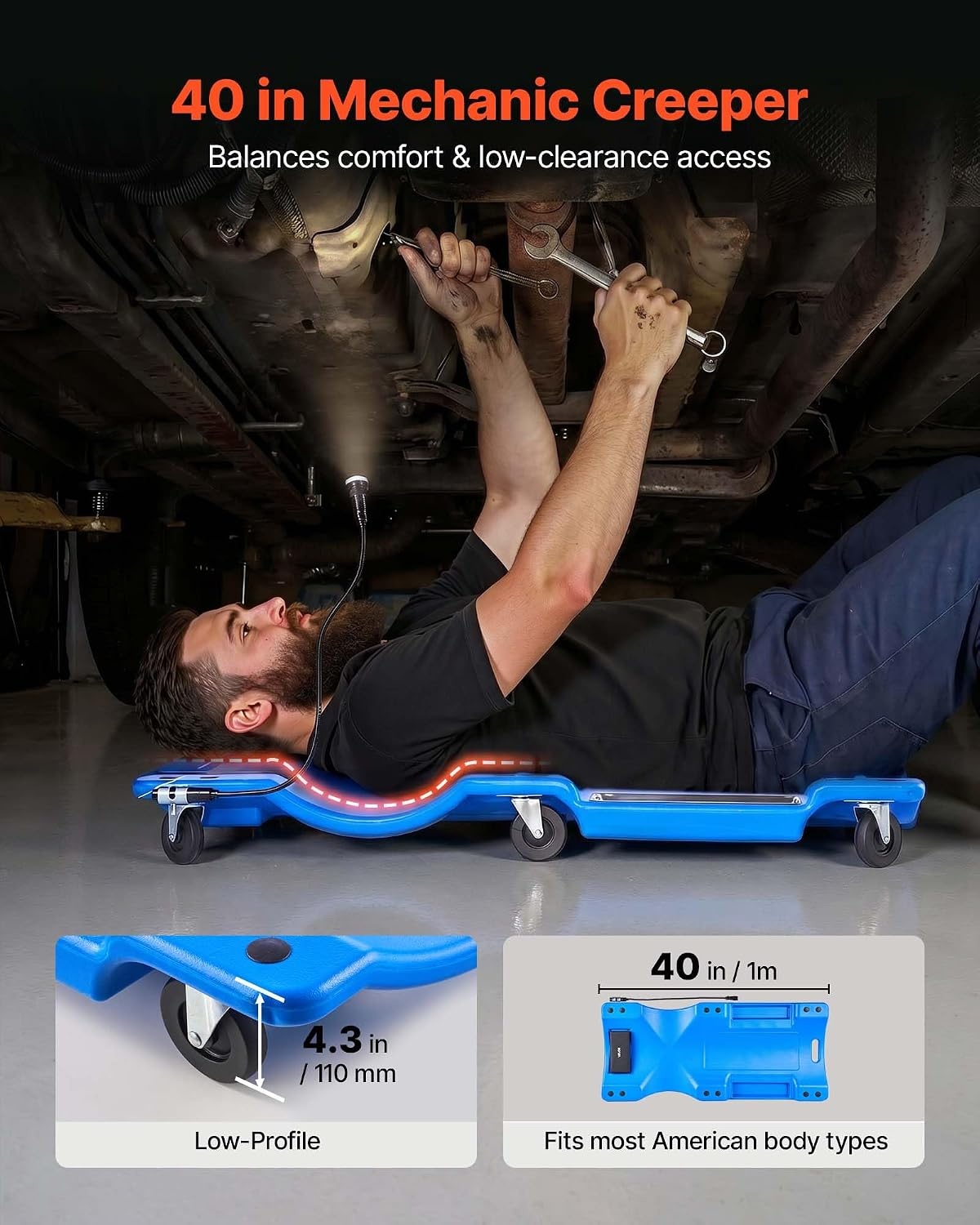 image:imageVEVOR Mechanic Garage Creeper 40Inch 300 lbs Capacity Automotive Rolling Creeper with 6 Casters Adjustable Cushioned Headrest Heavy Duty Steel Frame Low Profile for Garages Repair Shops and DIYBlue