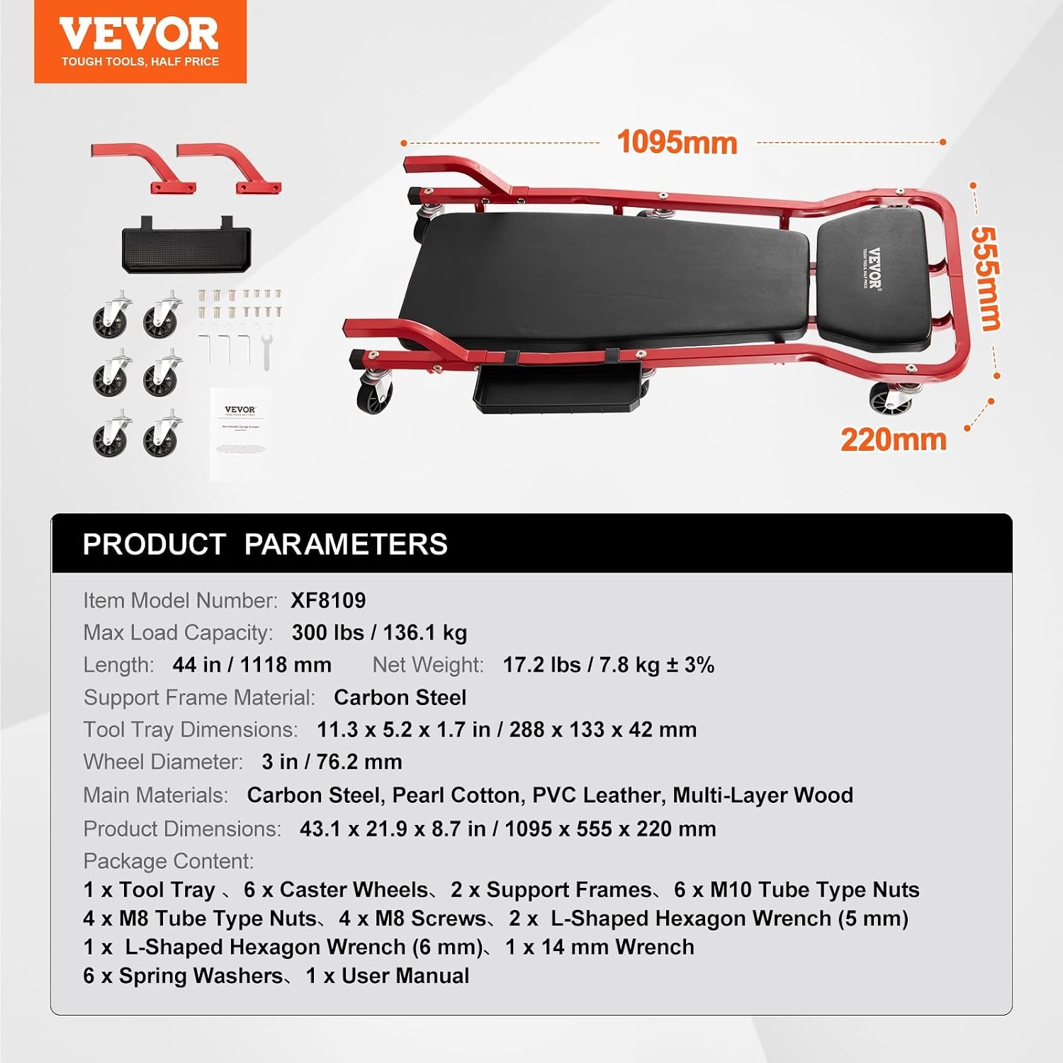 image:imageVEVOR Mechanic Garage Creeper 40Inch 300 lbs Capacity Automotive Rolling Creeper with 6 Casters Adjustable Cushioned Headrest Heavy Duty Steel Frame Low Profile for Garages Repair Shops and DIYRed
