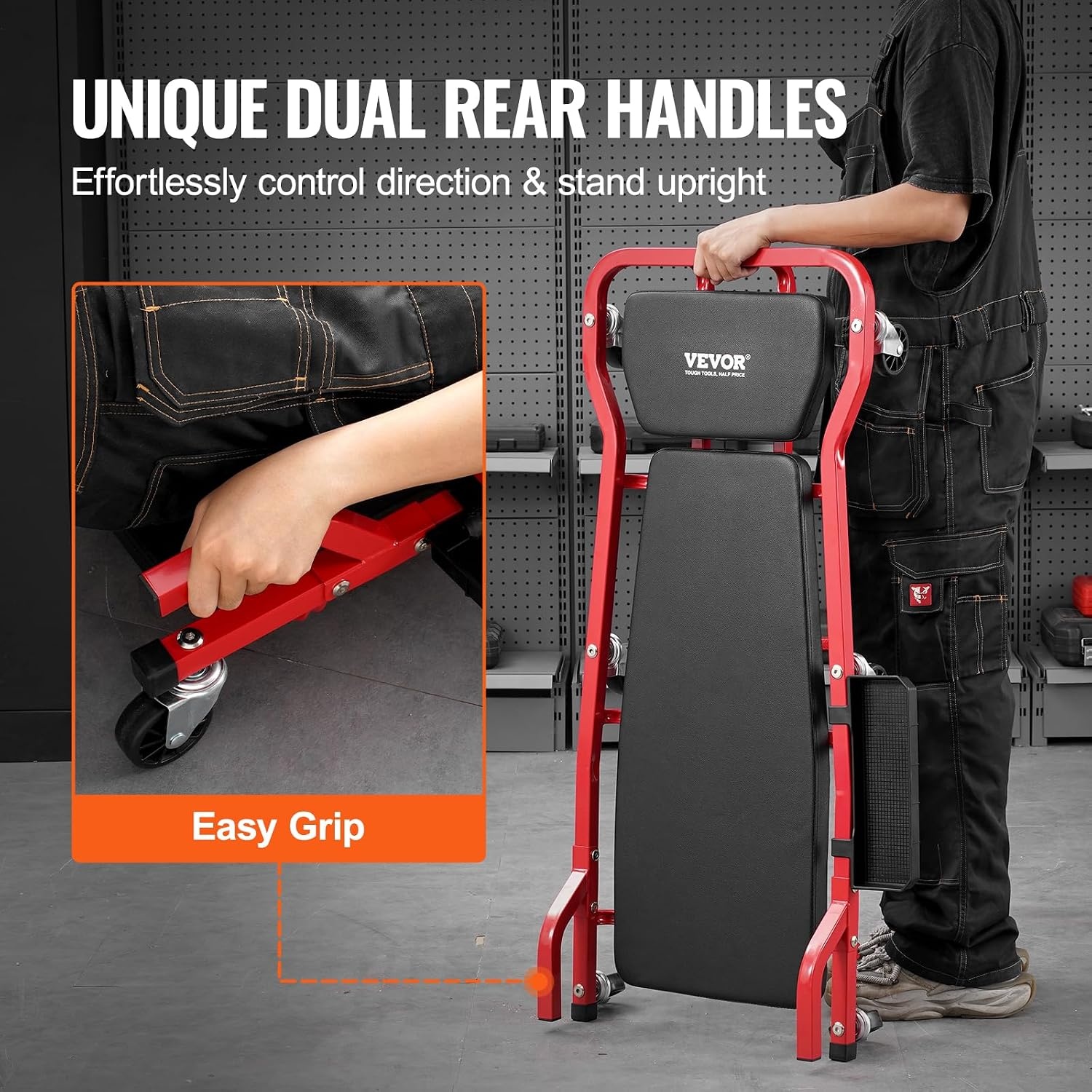 image:imageVEVOR Mechanic Garage Creeper 40Inch 300 lbs Capacity Automotive Rolling Creeper with 6 Casters Adjustable Cushioned Headrest Heavy Duty Steel Frame Low Profile for Garages Repair Shops and DIYRed