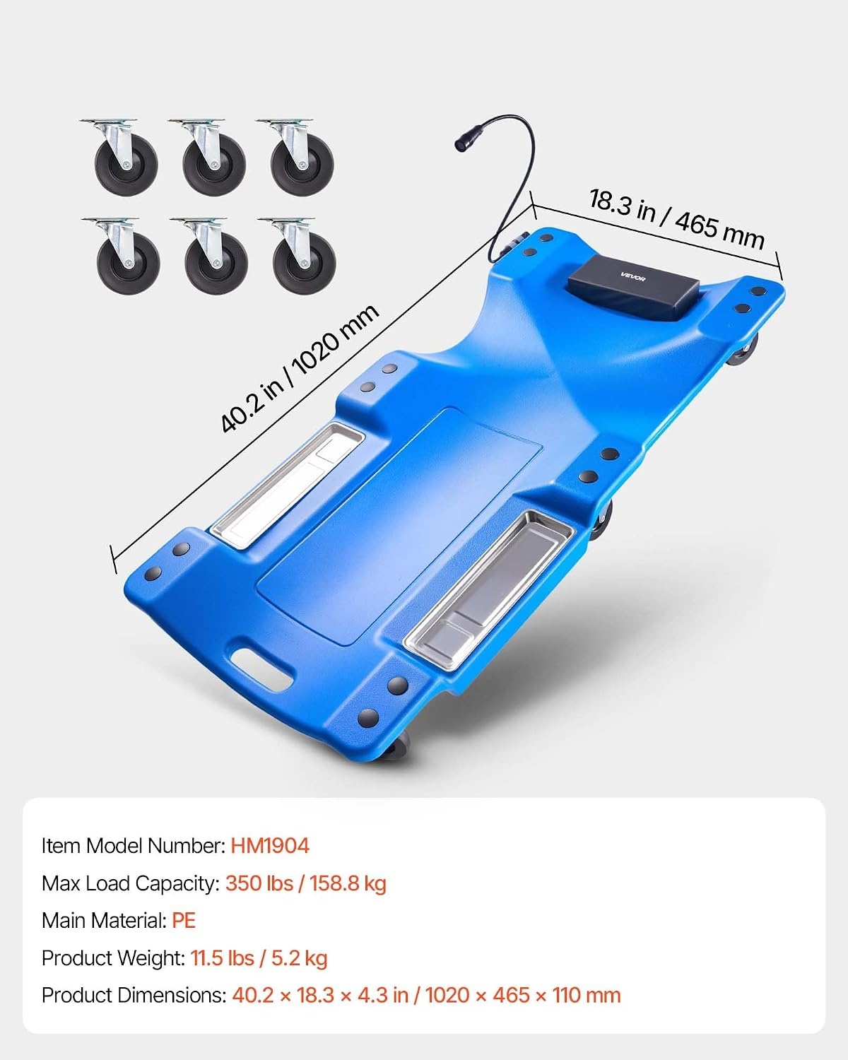 image:imageVEVOR Mechanic Garage Creeper 40Inch 300 lbs Capacity Automotive Rolling Creeper with 6 Casters Adjustable Cushioned Headrest Heavy Duty Steel Frame Low Profile for Garages Repair Shops and DIYBlue