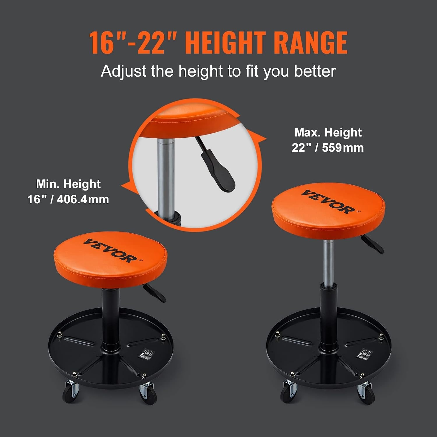 image:imageVEVOR Mechanic Stool 250 LBS Rolling Pneumatic Creeper GarageShop Seat Adjustable Height 1622 inch in Padded Rolling Workshop Stool with Tool Tray for Garage Shop Auto Repair BlackOrange