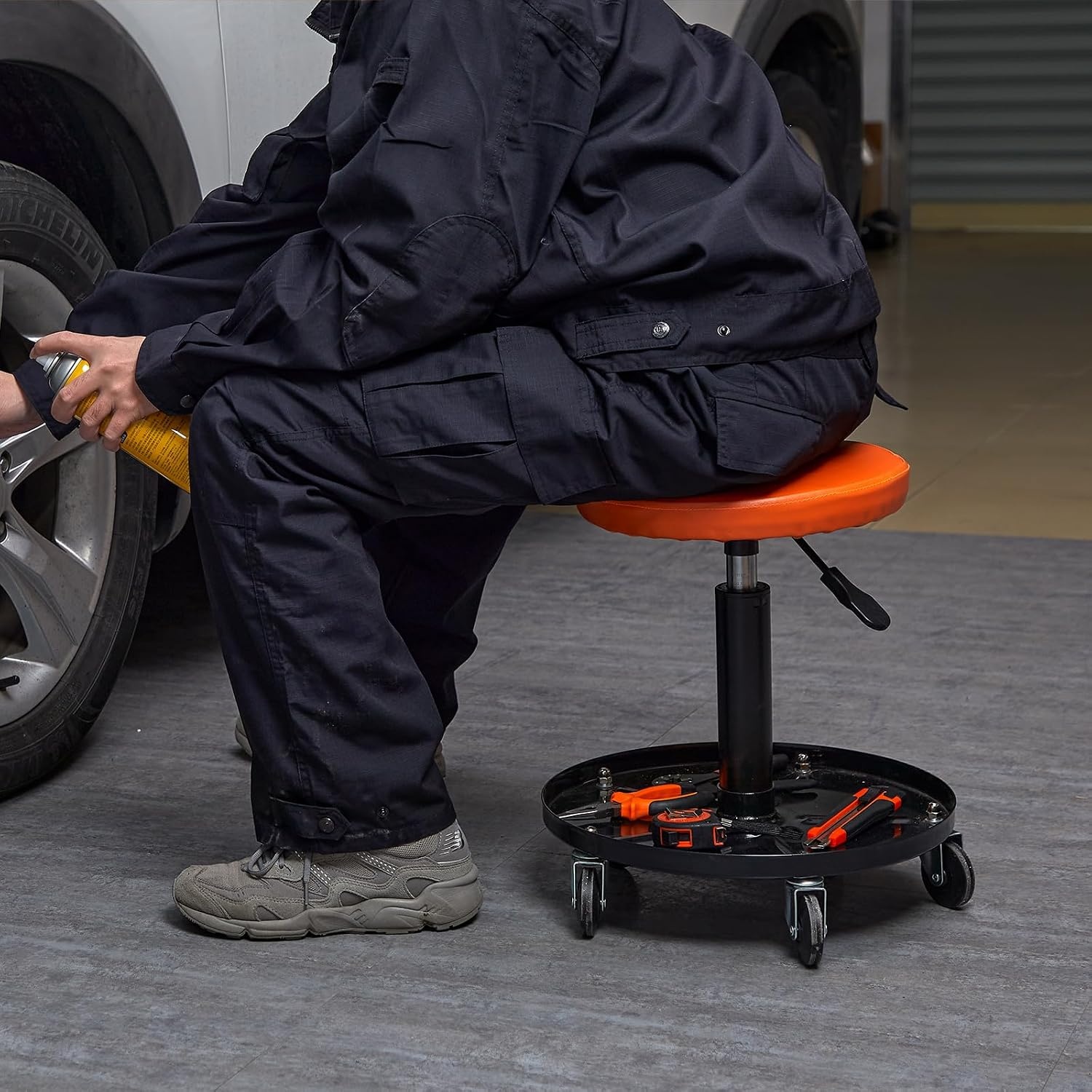 image:imageVEVOR Mechanic Stool 250 LBS Rolling Pneumatic Creeper GarageShop Seat Adjustable Height 1622 inch in Padded Rolling Workshop Stool with Tool Tray for Garage Shop Auto Repair BlackOrange