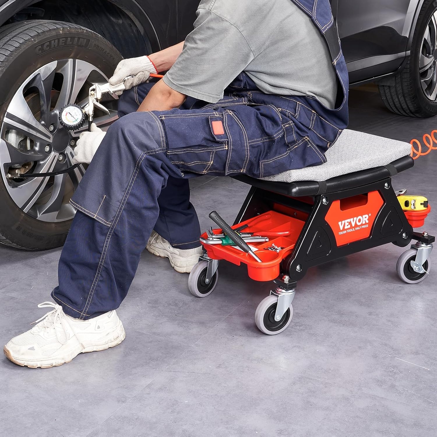 image:imageVEVOR Mechanic Stool 300 LBS Capacity Garage Stool Gift for Men Heavy Duty Rolling Mechanics Seat with Three Slide Out Tool Trays and Drawer Tools for Automotive Auto Repair Auto Repair Heavy Duty Plastic Rolling Mechanics Seat with Cushion Three Slide Out Tool Trays and Drawer for Automotive