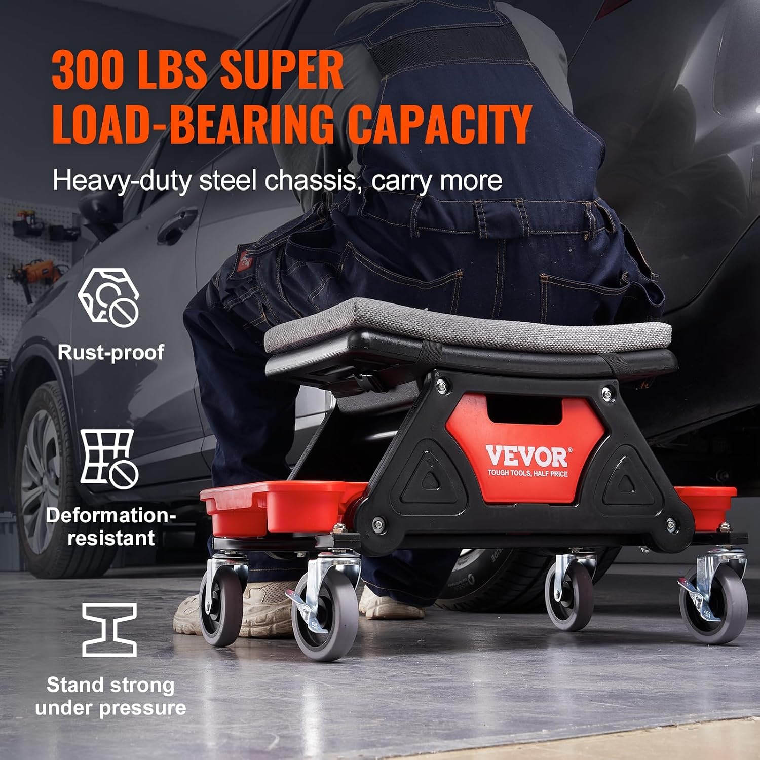 image:imageVEVOR Mechanic Stool 300 LBS Capacity Garage Stool Gift for Men Heavy Duty Rolling Mechanics Seat with Three Slide Out Tool Trays and Drawer Tools for Automotive Auto Repair Auto Repair Heavy Duty Plastic Rolling Mechanics Seat with Cushion Three Slide Out Tool Trays and Drawer for Automotive