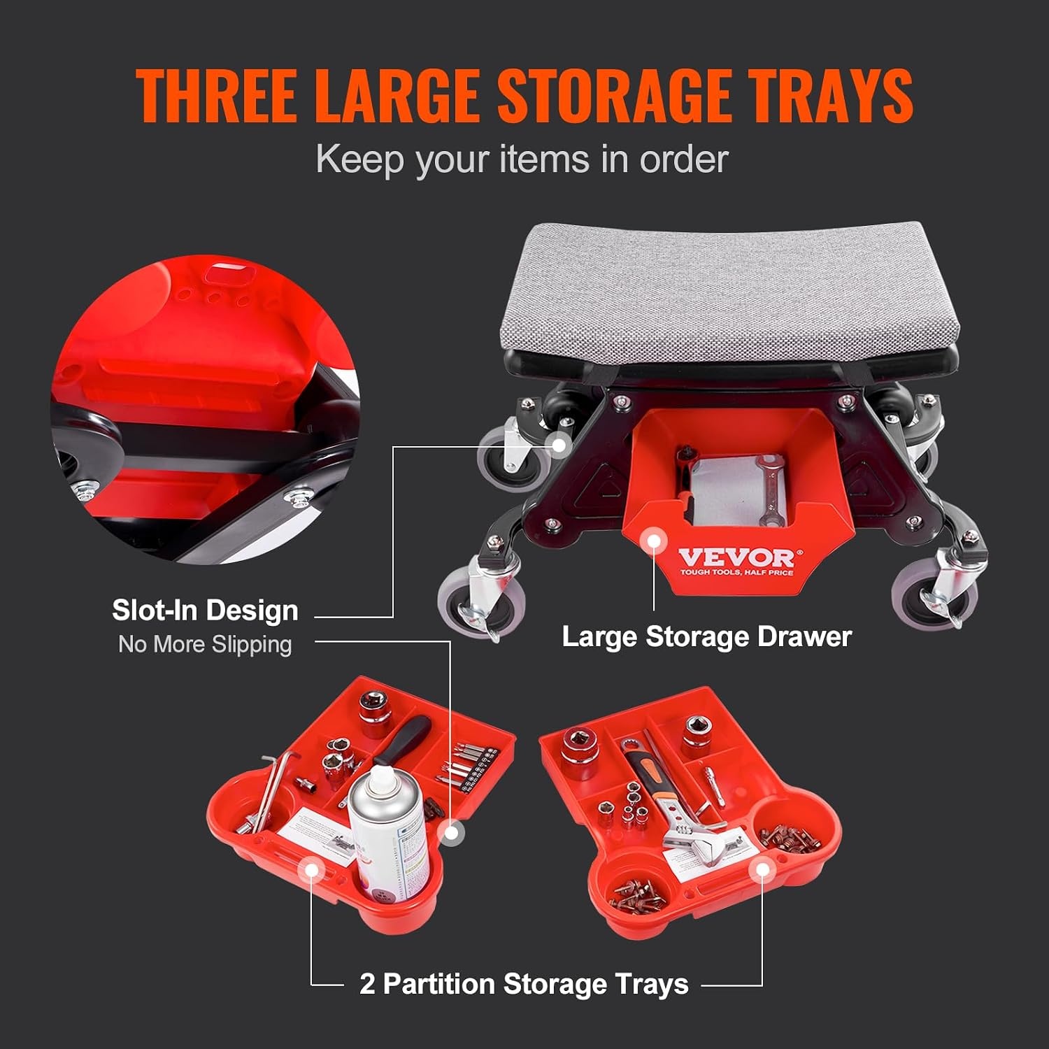 image:imageVEVOR Mechanic Stool 300 LBS Capacity Garage Stool Gift for Men Heavy Duty Rolling Mechanics Seat with Three Slide Out Tool Trays and Drawer Tools for Automotive Auto Repair Auto Repair Heavy Duty Plastic Rolling Mechanics Seat with Cushion Three Slide Out Tool Trays and Drawer for Automotive