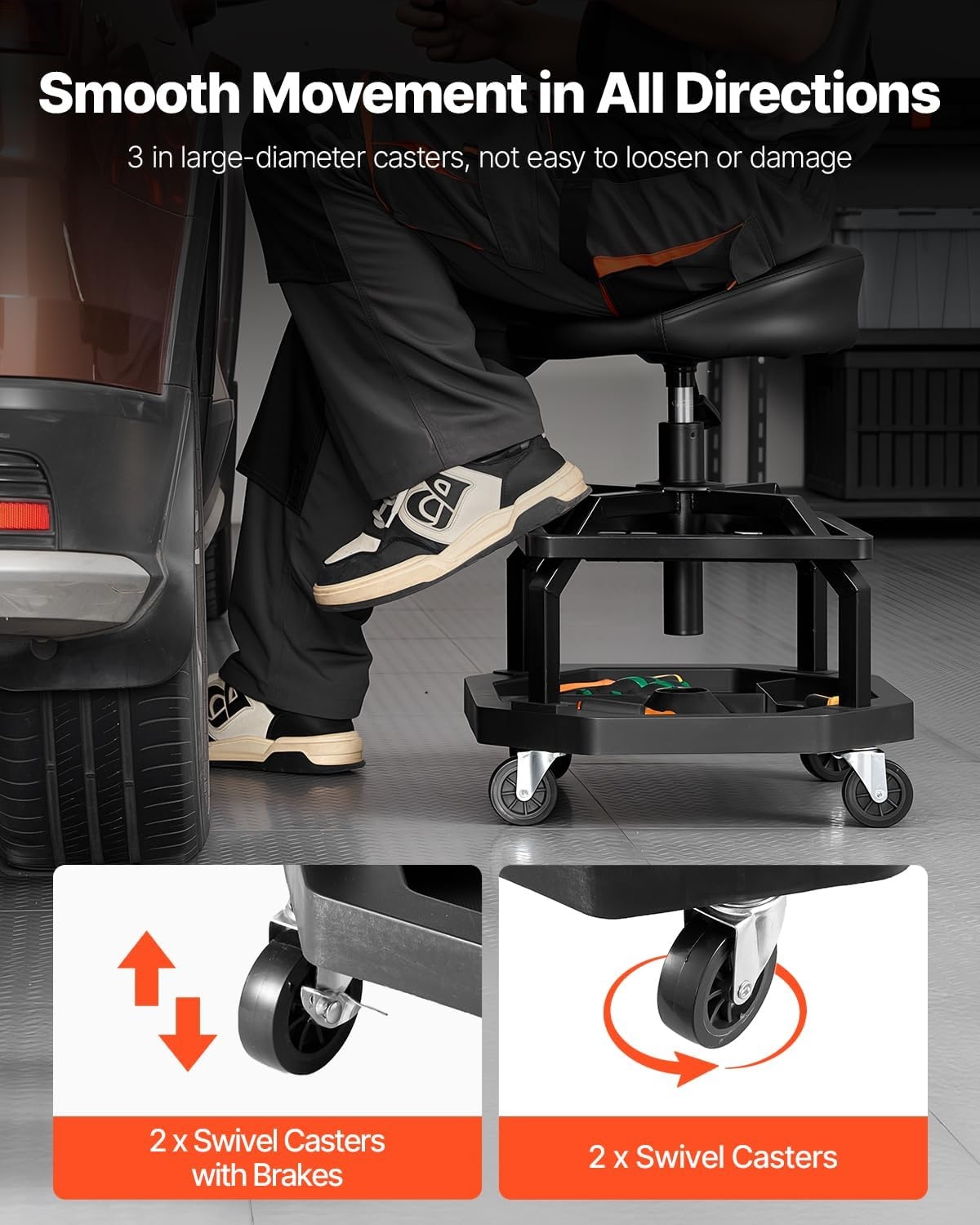 image:imageVEVOR Mechanic Stool Dual Storage Trays Rolling Stool and Garage Stool with Adjustable Height 236295 inSoft Waterproof Cushion 360 Swivel Casters 330 LBS Capacity Heavy DutyBlack