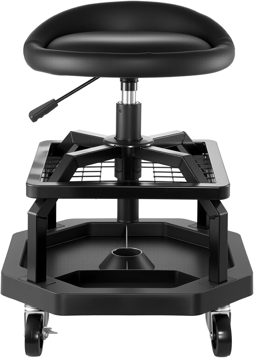 image:imageVEVOR Mechanic Stool Dual Storage Trays Rolling Stool and Garage Stool with Adjustable Height 236295 inSoft Waterproof Cushion 360 Swivel Casters 330 LBS Capacity Heavy DutyBlack