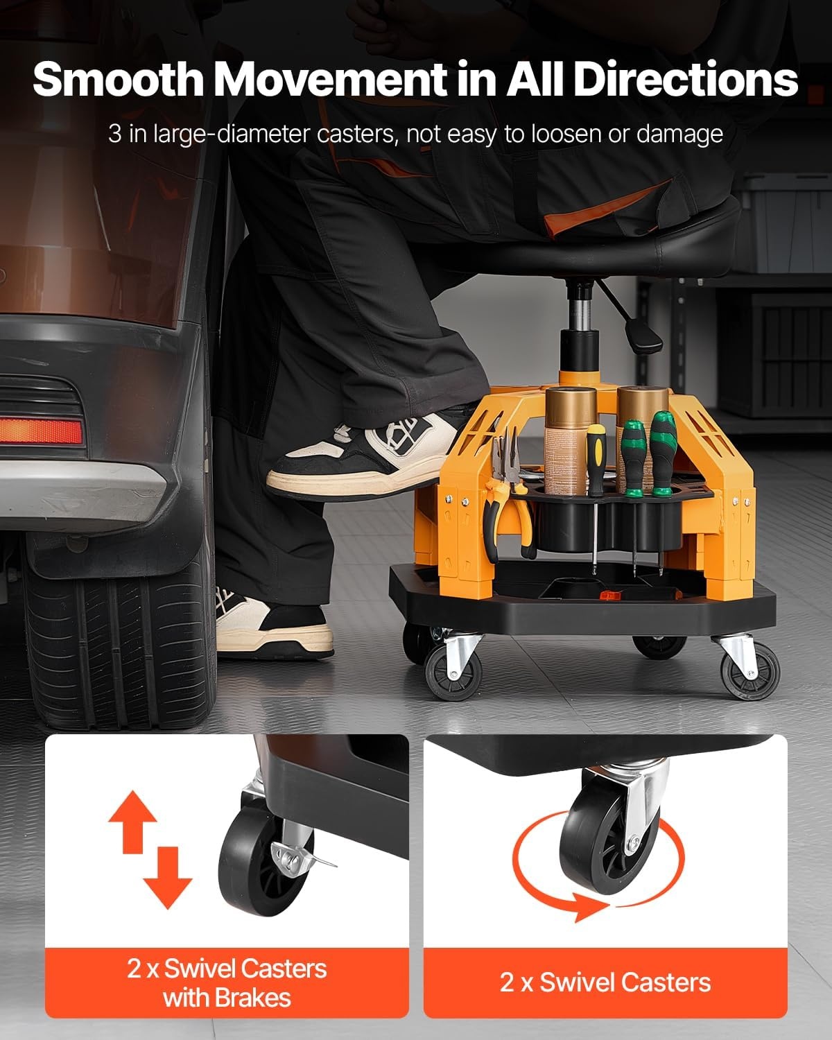image:imageVEVOR Mechanic Stool Dual Storage Trays Rolling Stool and Garage Stool with Adjustable Height 236295 inSoft Waterproof Cushion 360 Swivel Casters 330 LBS Capacity Heavy DutyYellow