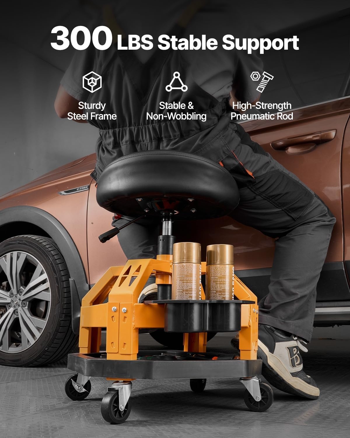image:imageVEVOR Mechanic Stool Dual Storage Trays Rolling Stool and Garage Stool with Adjustable Height 236295 inSoft Waterproof Cushion 360 Swivel Casters 330 LBS Capacity Heavy DutyYellow