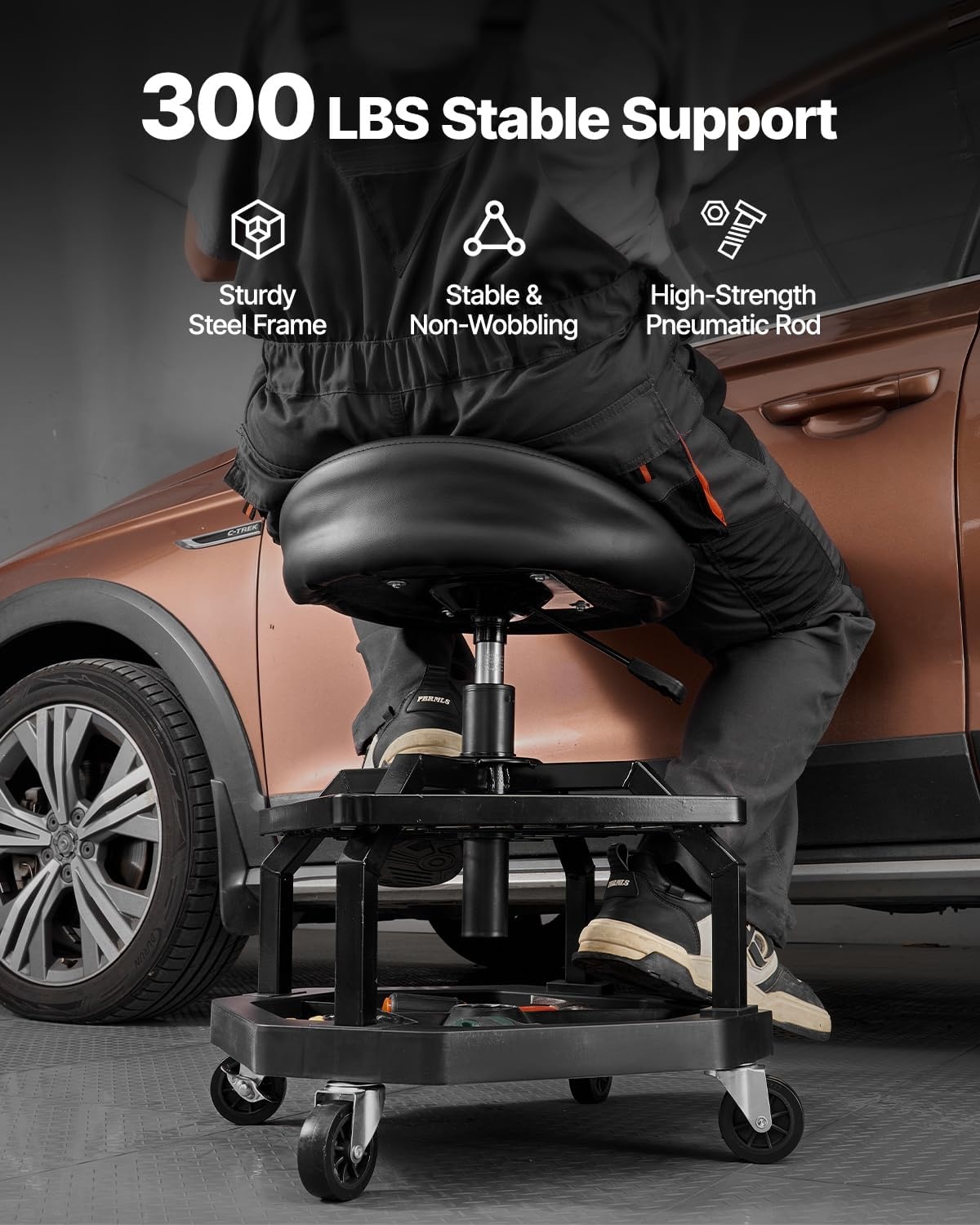 image:imageVEVOR Mechanic Stool Dual Storage Trays Rolling Stool and Garage Stool with Adjustable Height 236295 inSoft Waterproof Cushion 360 Swivel Casters 330 LBS Capacity Heavy DutyBlack