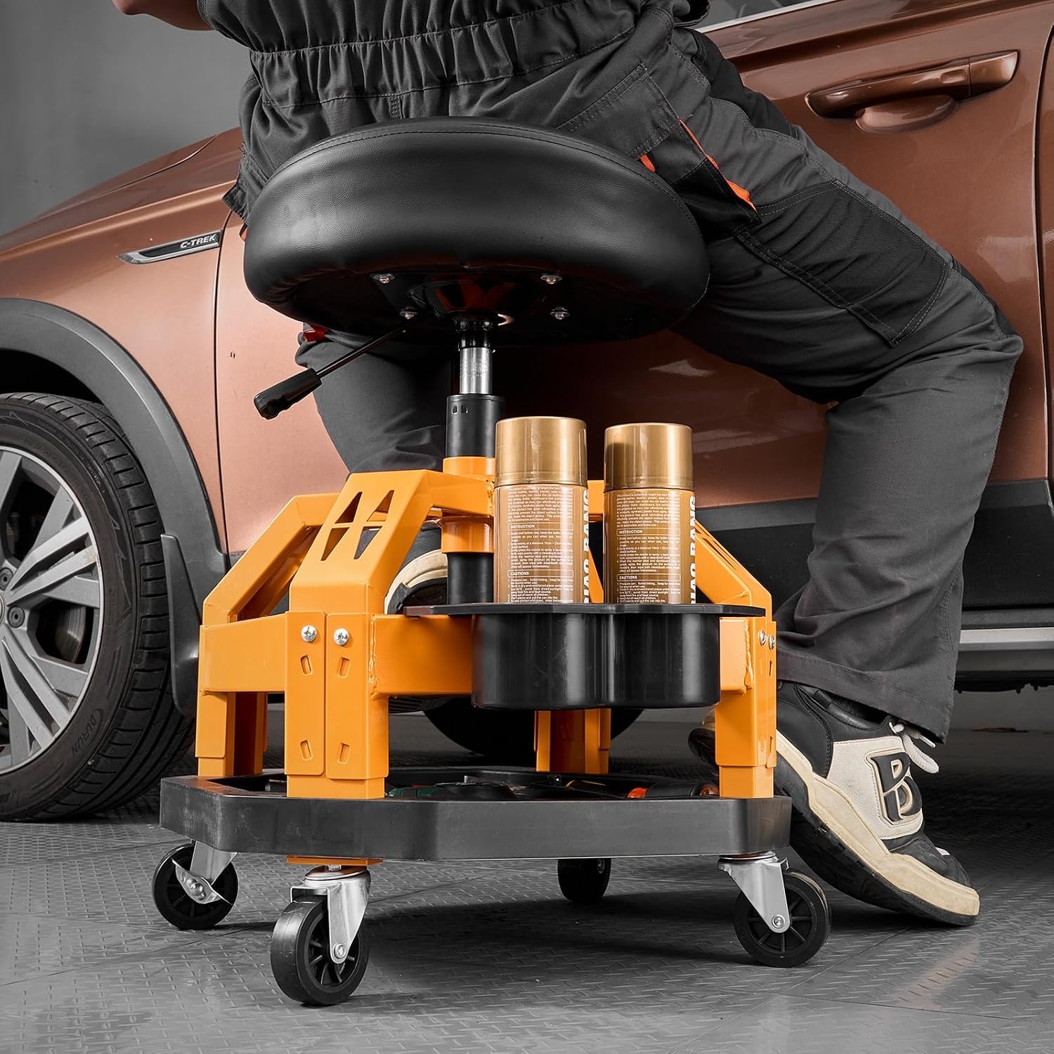 image:imageVEVOR Mechanic Stool Dual Storage Trays Rolling Stool and Garage Stool with Adjustable Height 236295 inSoft Waterproof Cushion 360 Swivel Casters 330 LBS Capacity Heavy DutyYellow